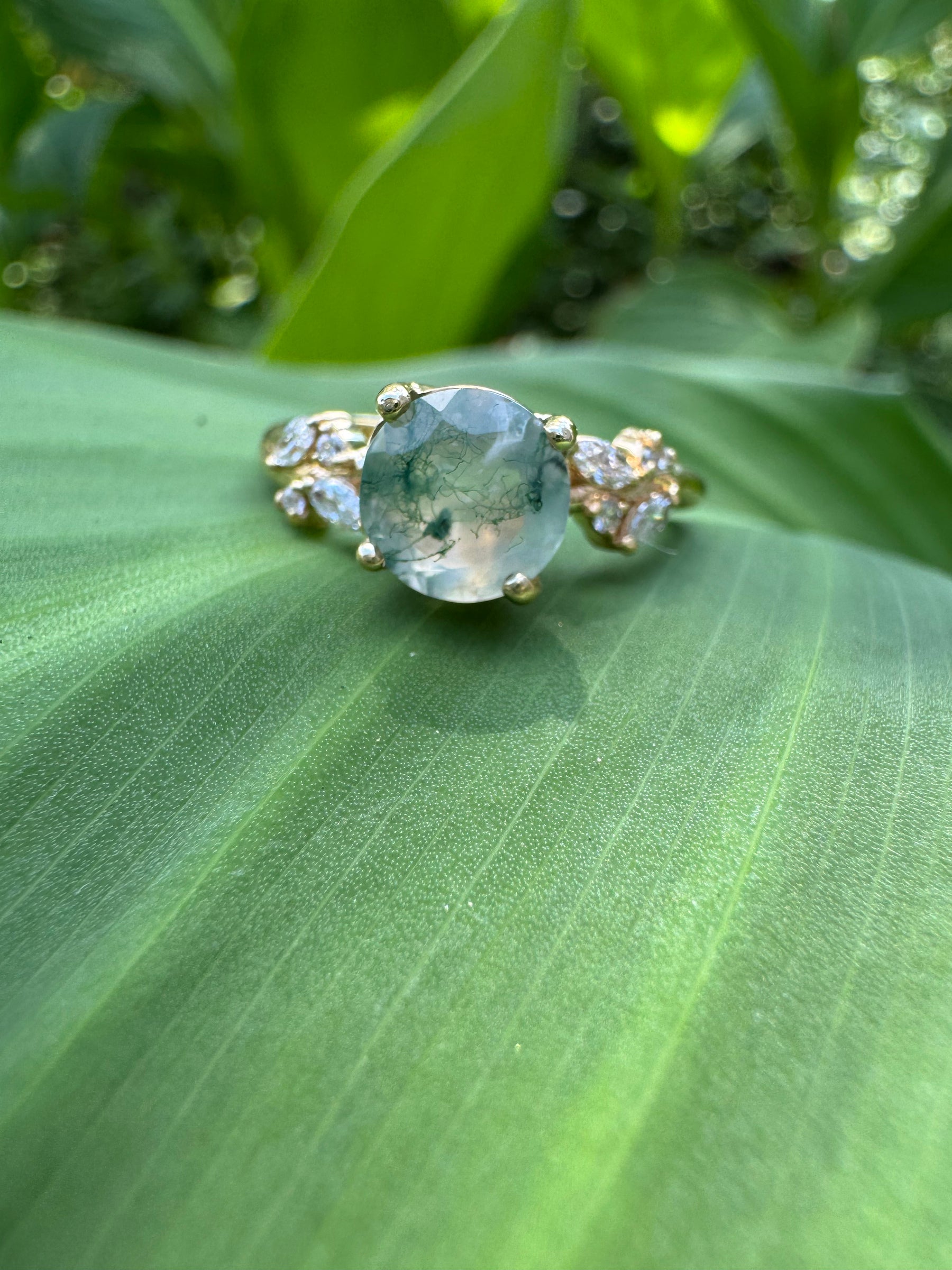 Round Moss Agate Engagement Ring with Diamond Cluster