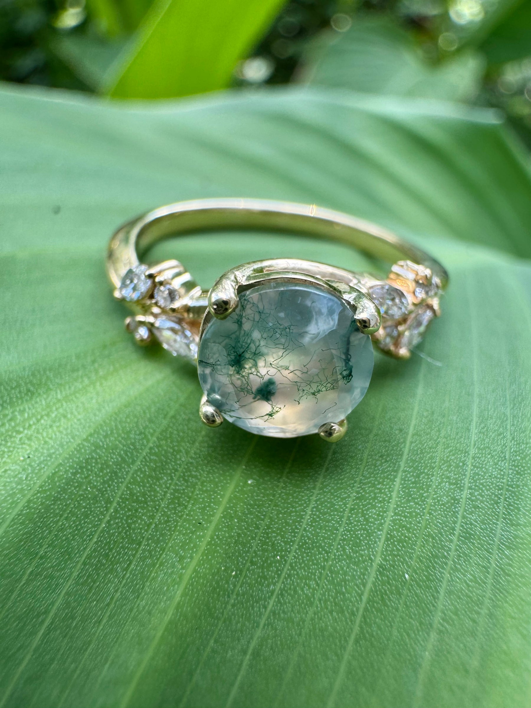 Round Moss Agate Engagement Ring with Diamond Cluster