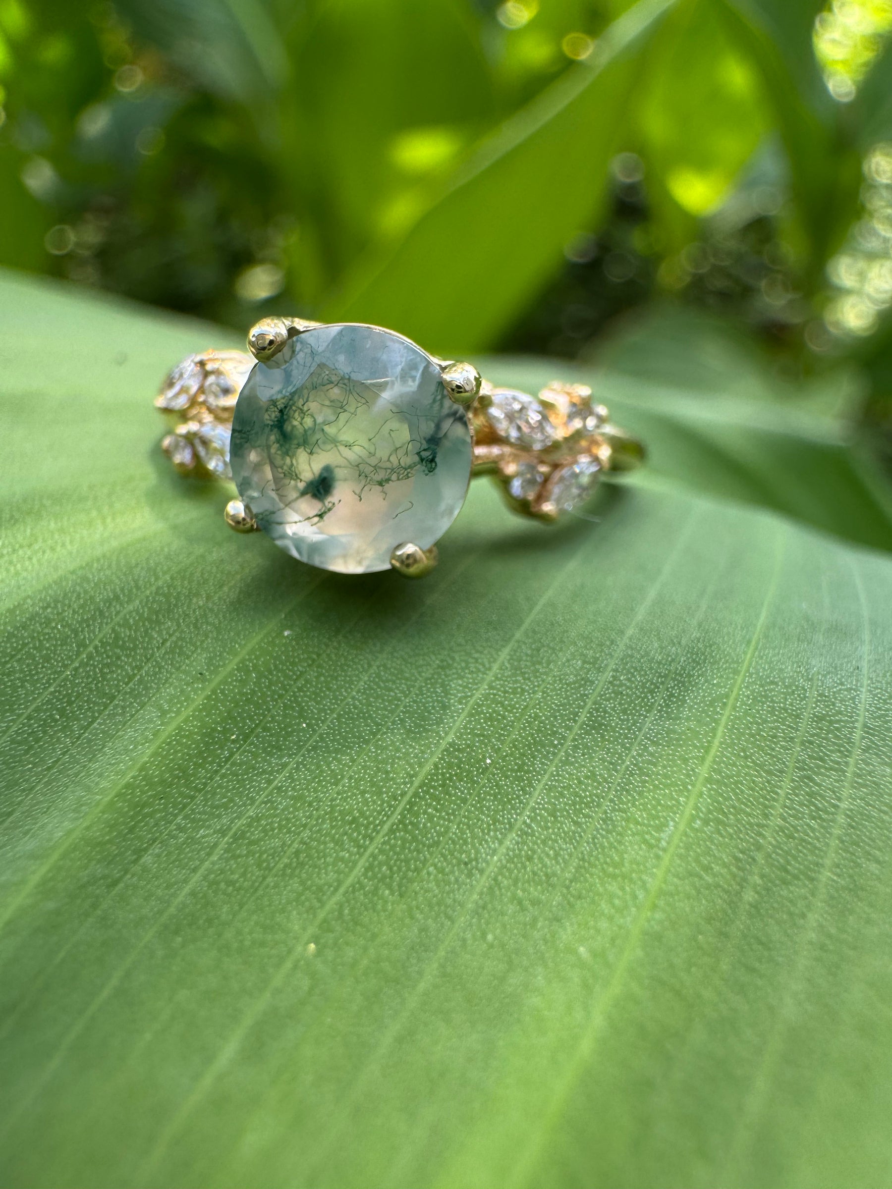 Round Moss Agate Engagement Ring with Diamond Cluster