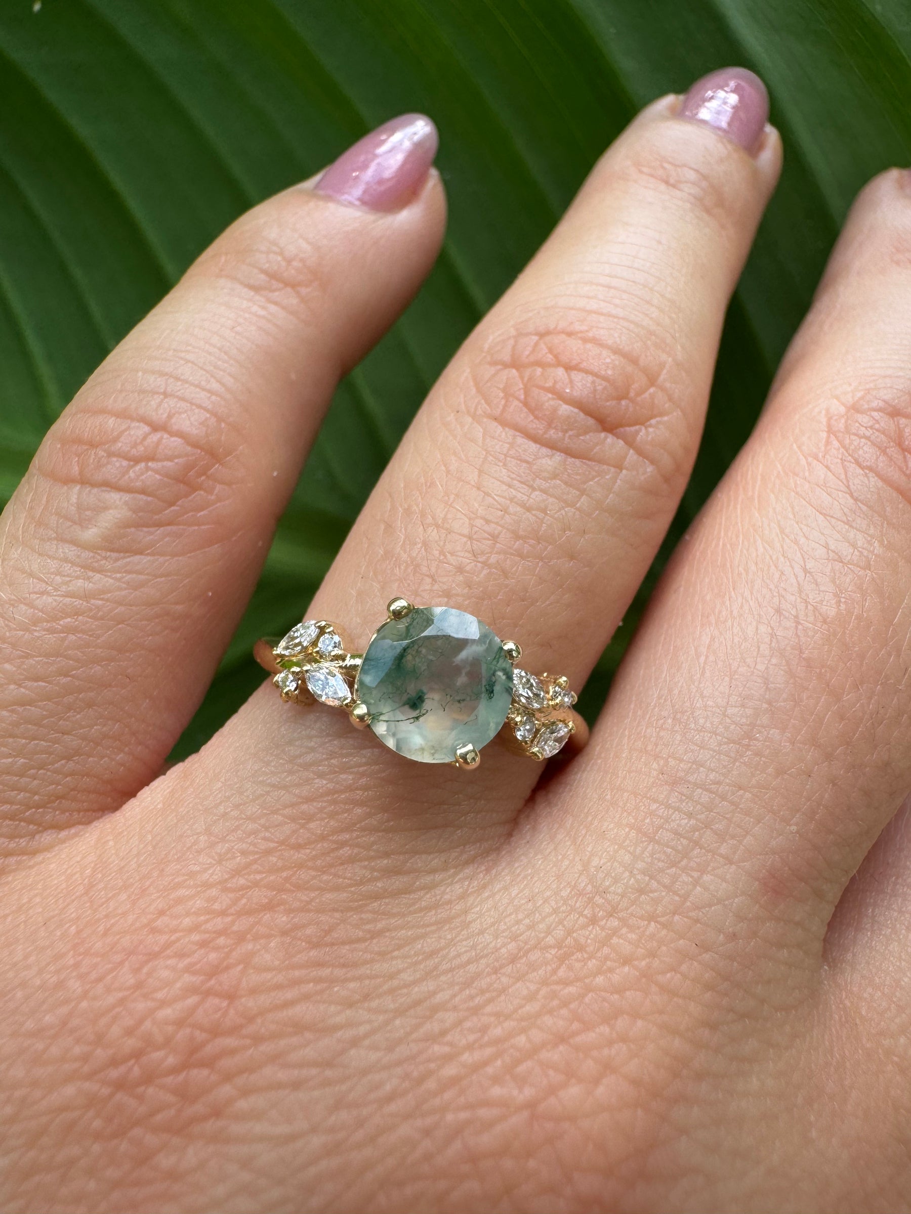 Round Moss Agate Engagement Ring with Diamond Cluster