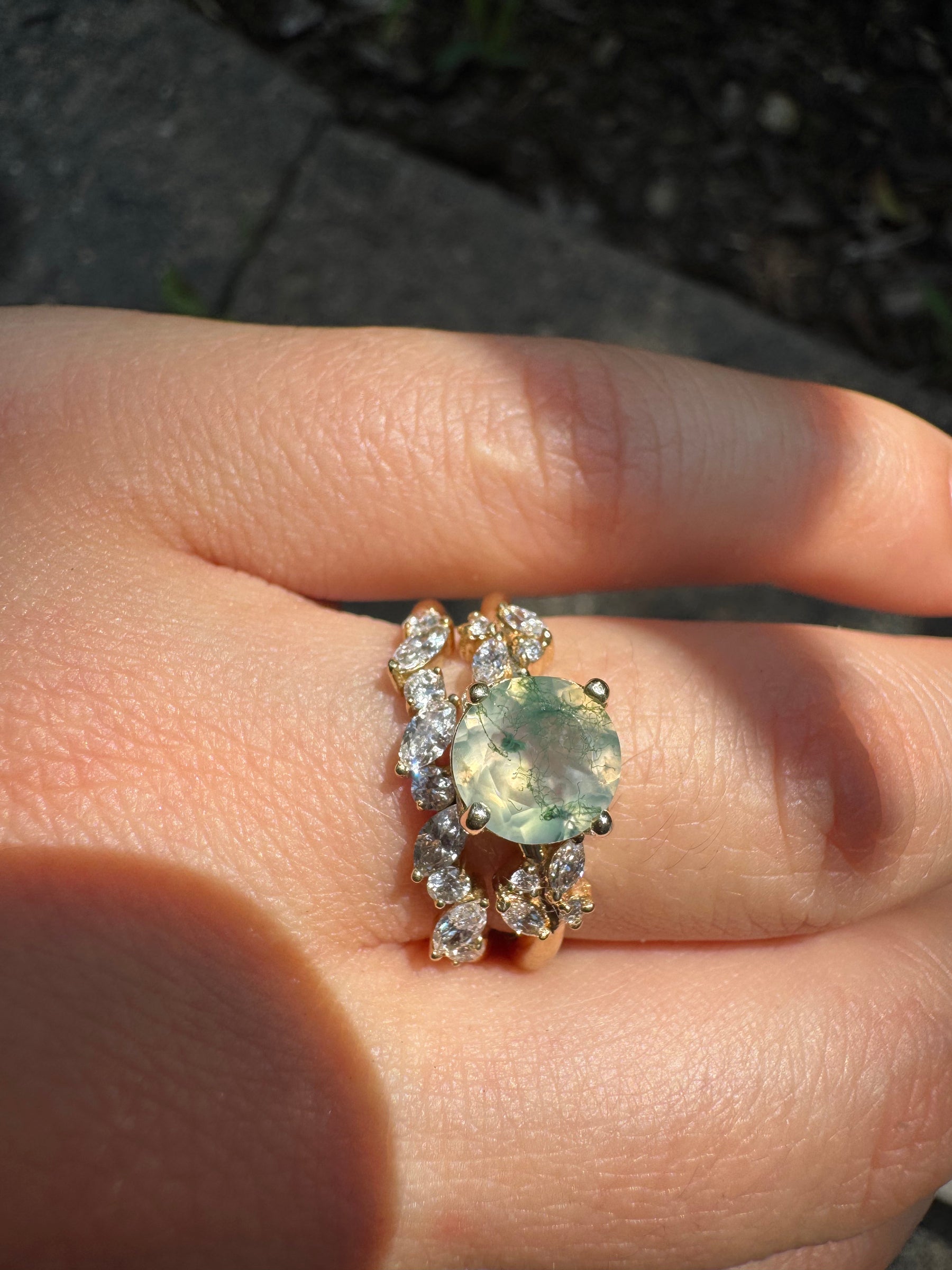 Round Moss Agate Engagement Ring with Diamond Cluster