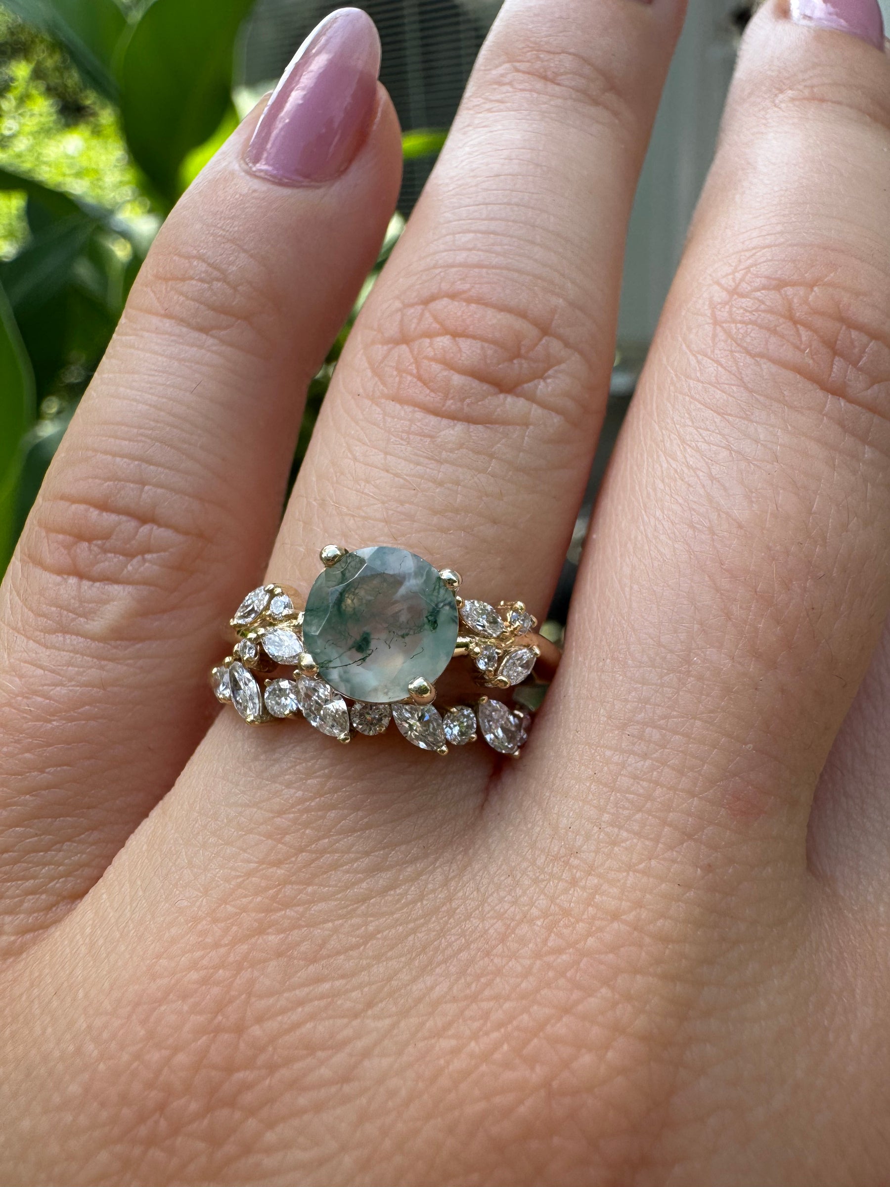 Round Moss Agate Engagement Ring with Diamond Cluster