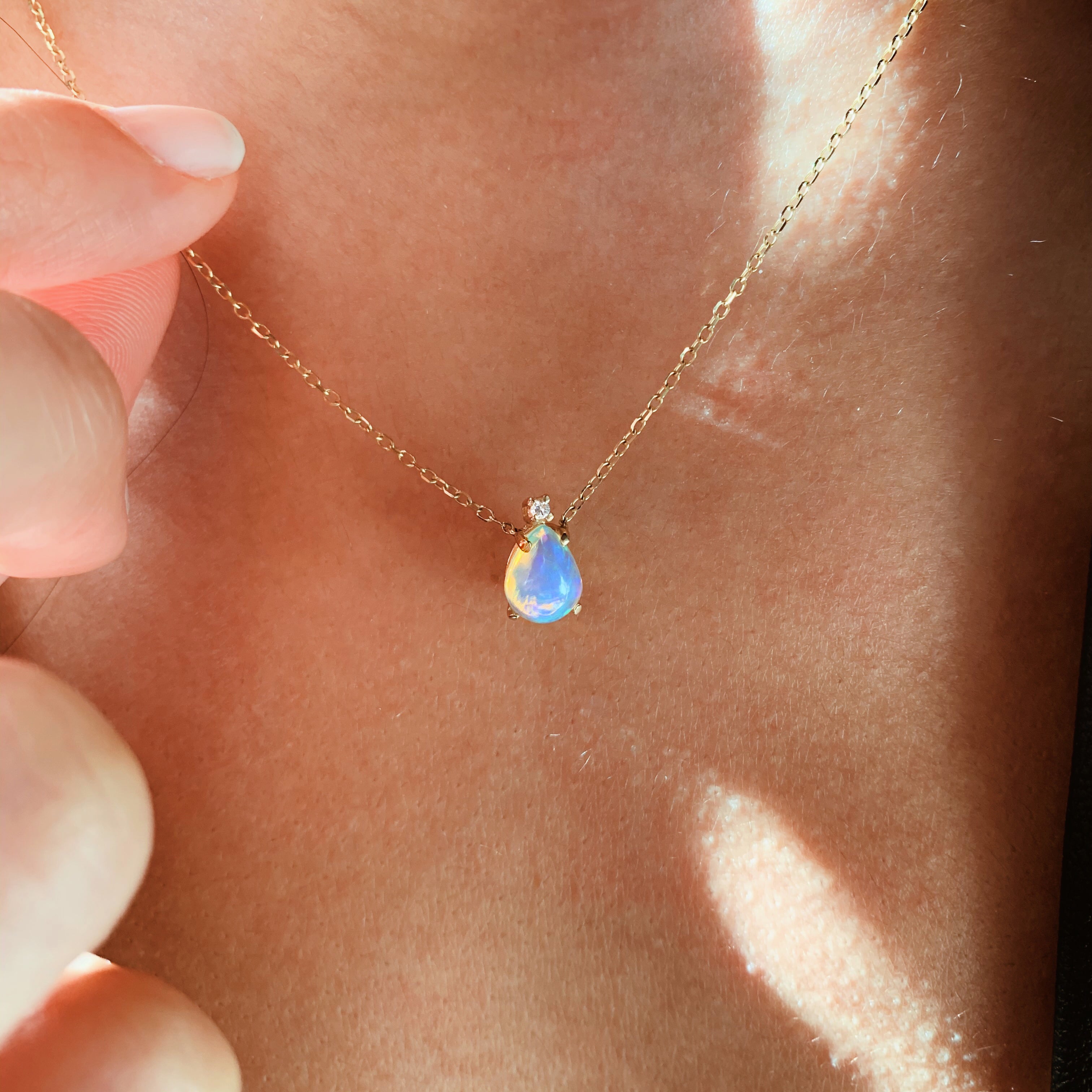 Dainty Pear Opal and Diamond Necklace