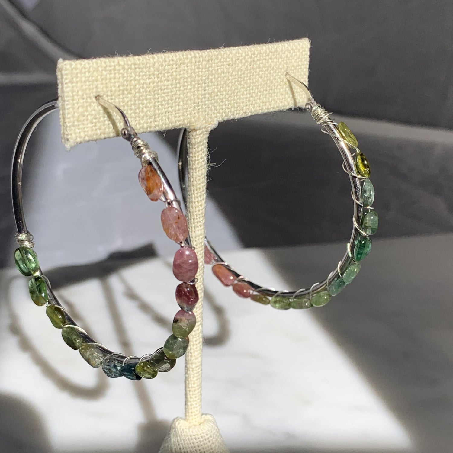 Ombre Pink and Green Tourmaline Hoops
