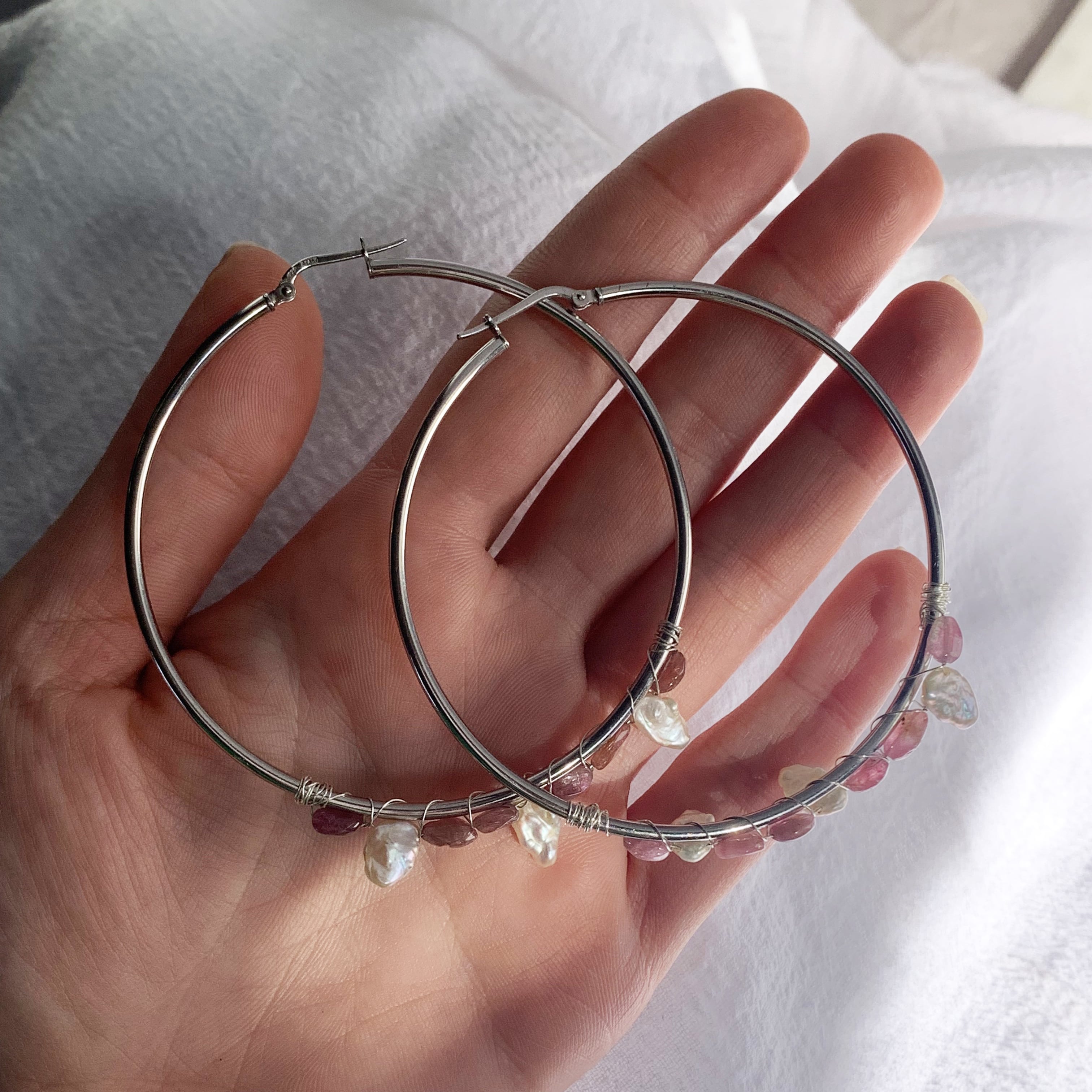 Pink Tourmaline and Pearl Shaker Hoops