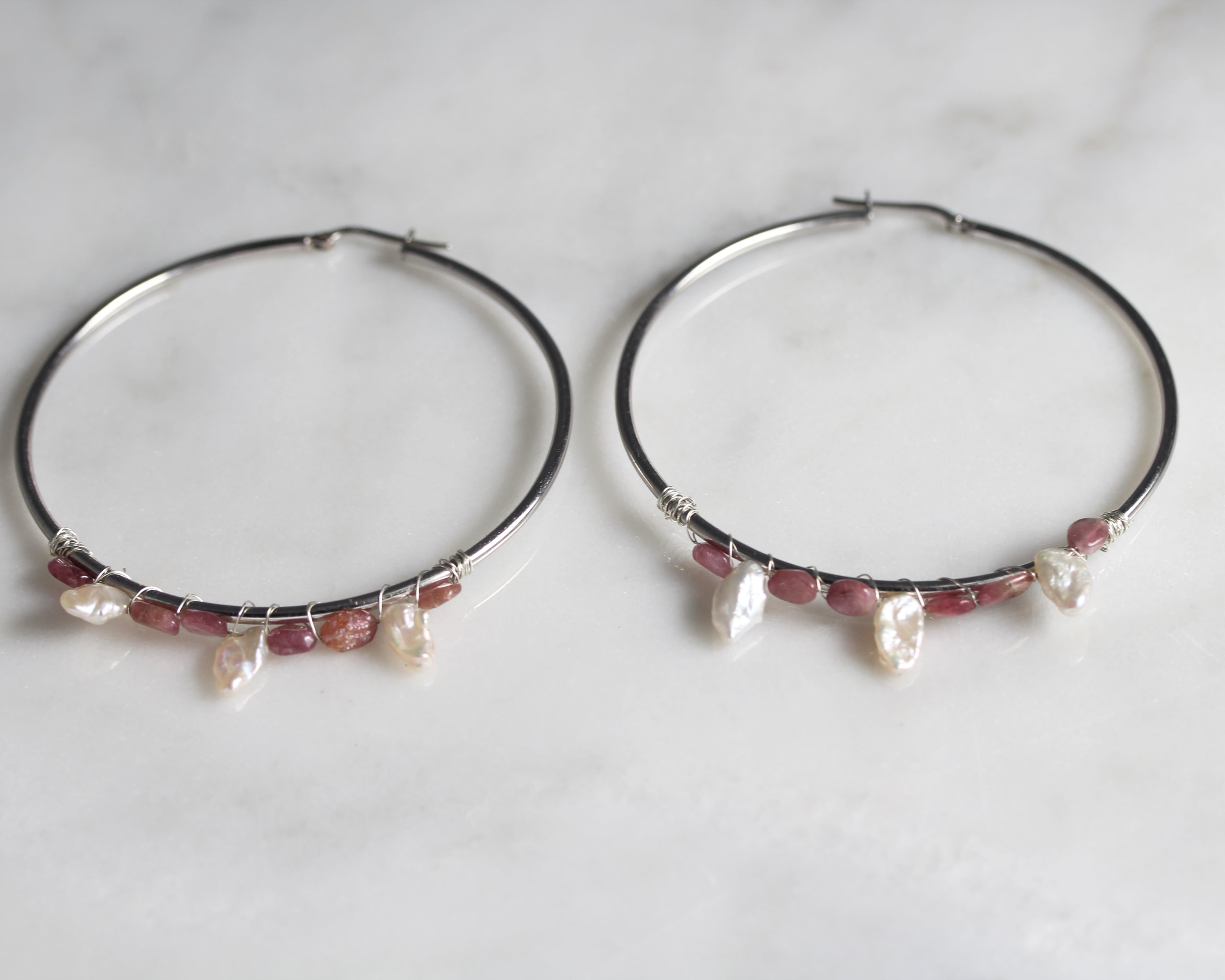 Pink Tourmaline and Pearl Shaker Hoops