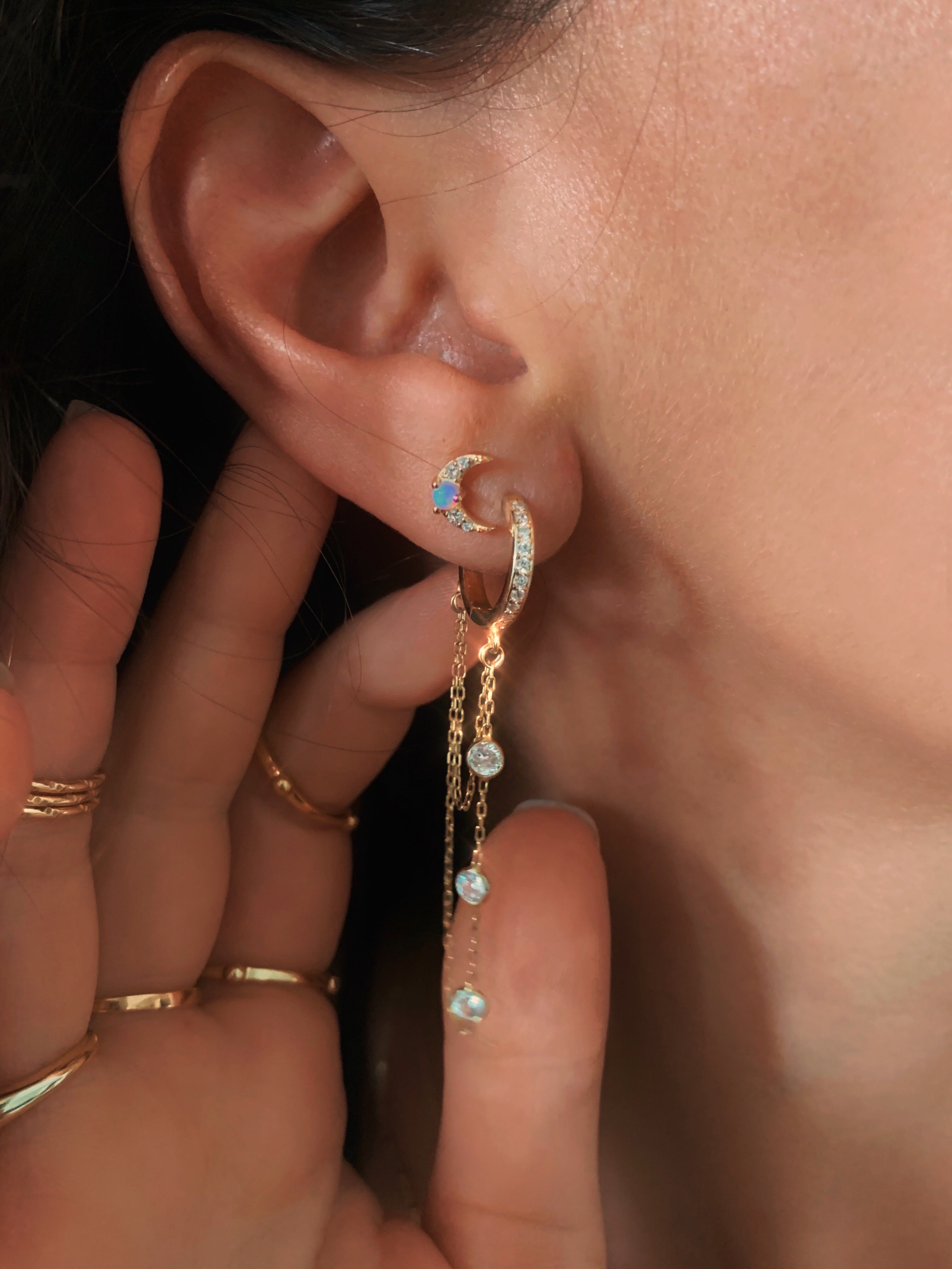 Handmade Moon Opal Diamond Stud Earrings