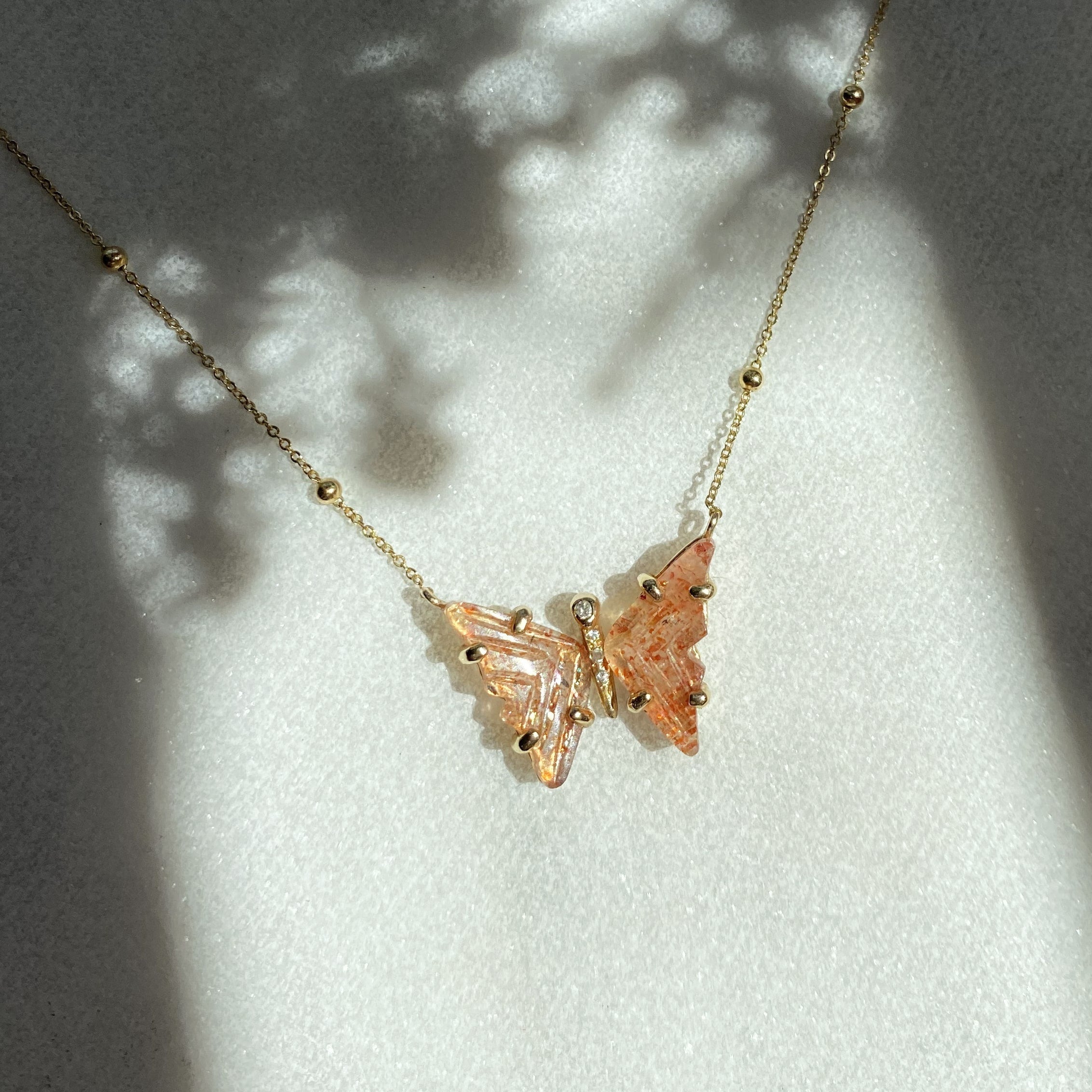 Handmade Gold Sunstone and Diamond Butterfly Necklace