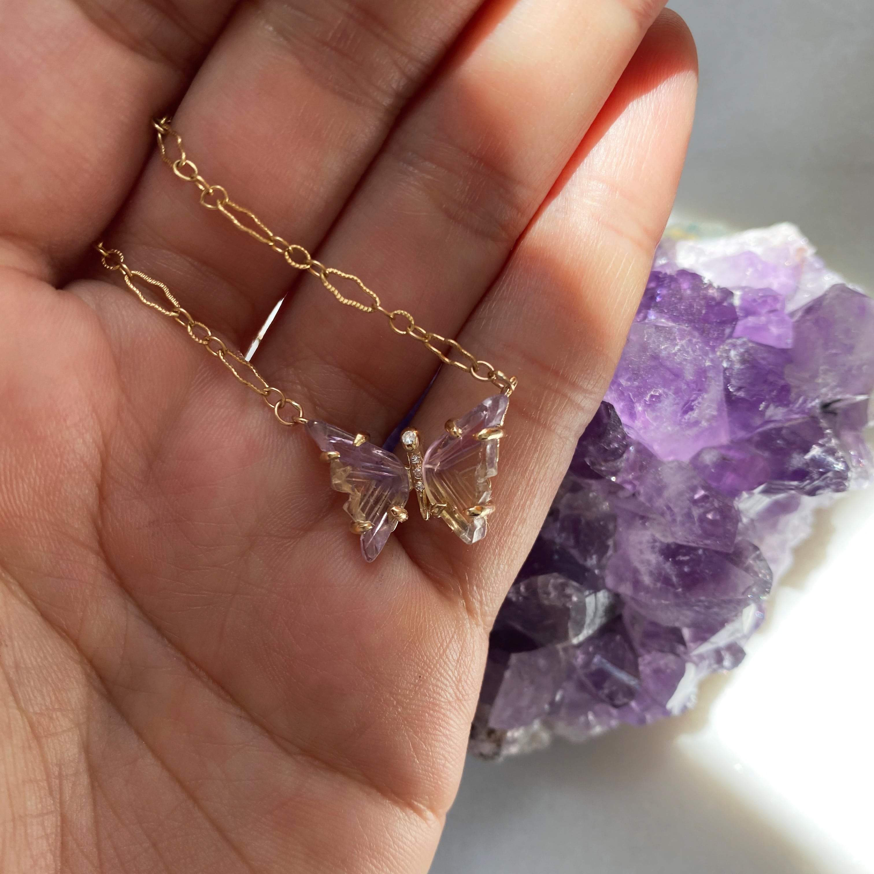 Handmade Gold Ametrine and Diamond Butterfly Necklace