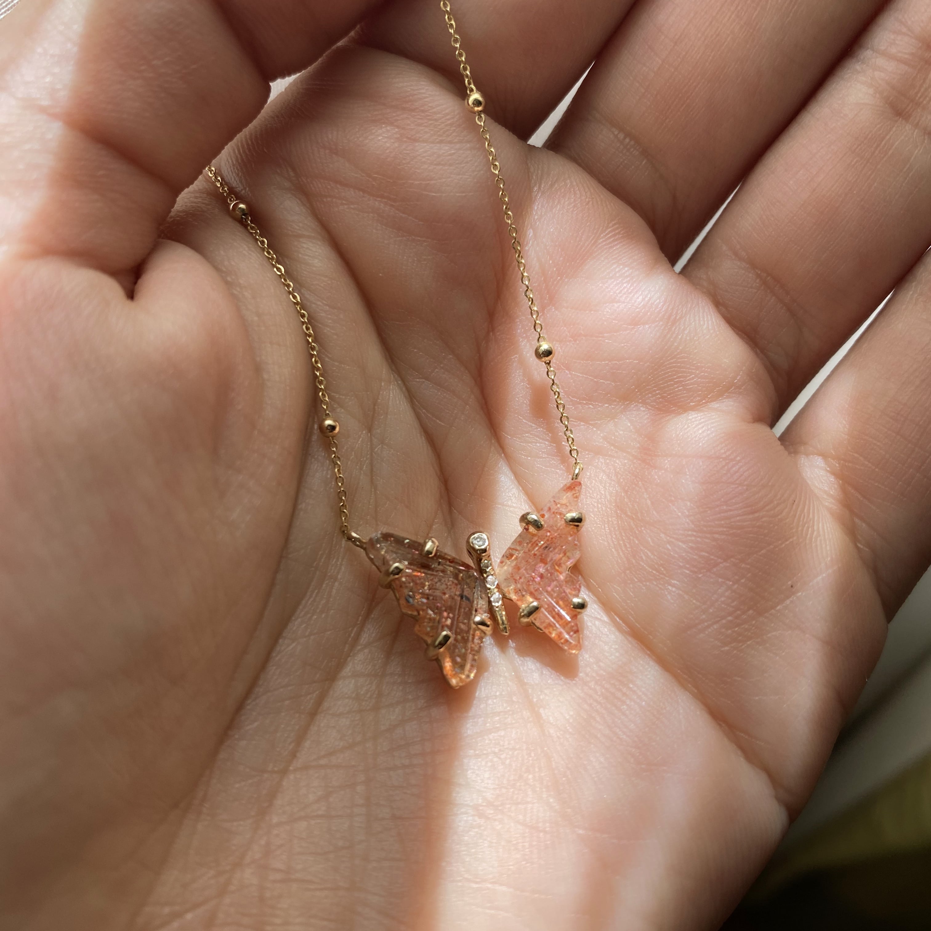 Handmade Gold Sunstone and Diamond Butterfly Necklace