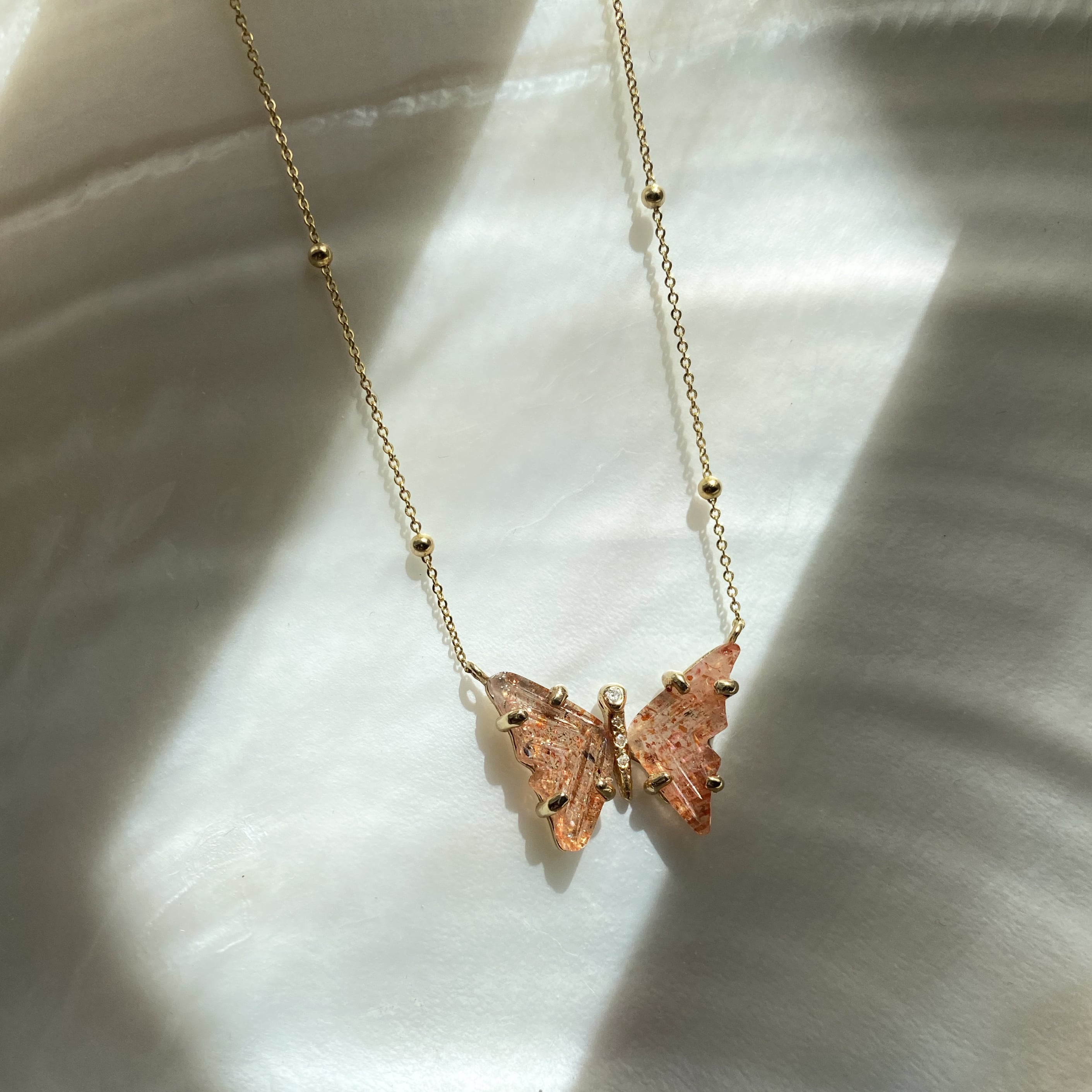 Handmade Gold Sunstone and Diamond Butterfly Necklace