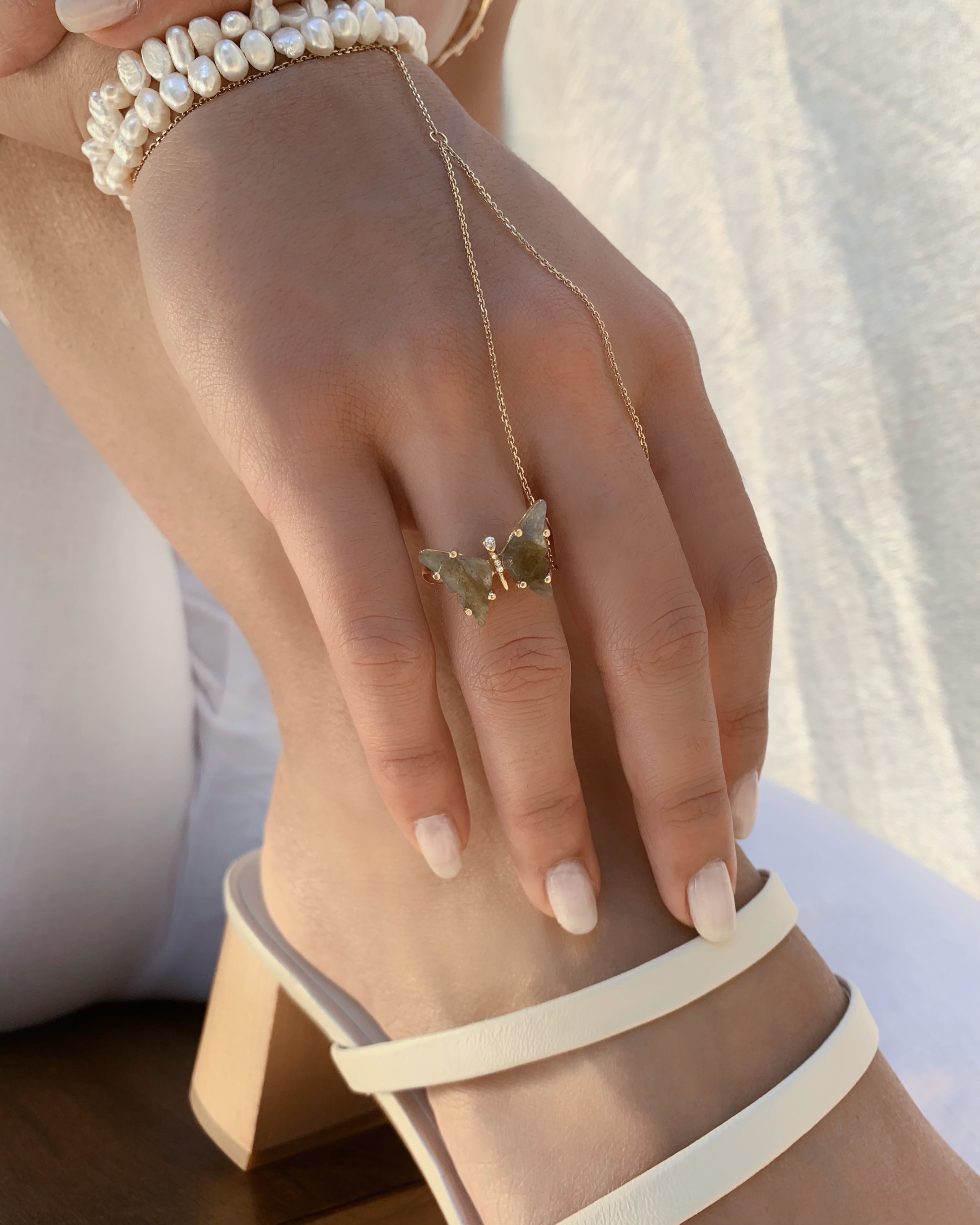 Handmade Gold Labradorite and Diamond Butterfly Ring