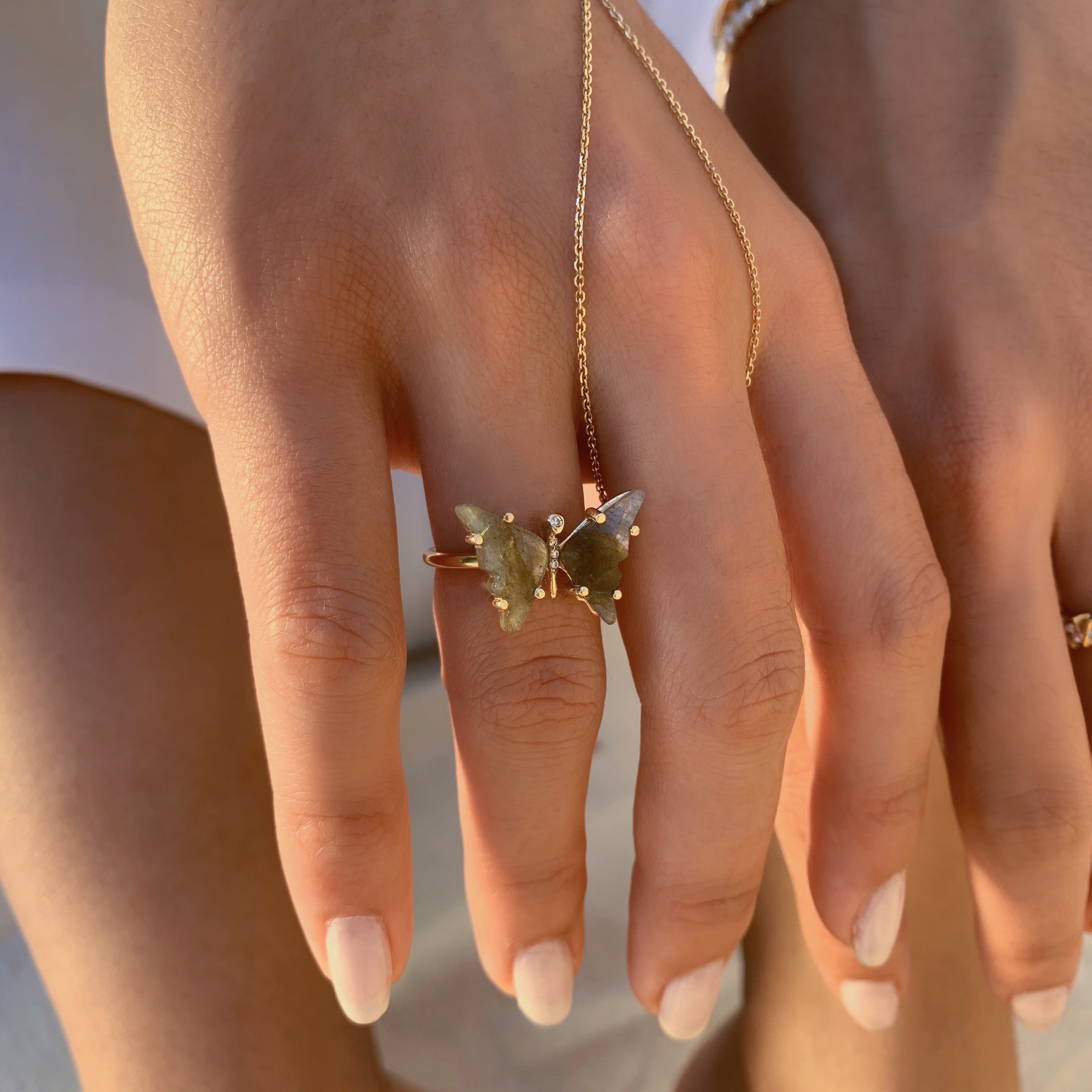 Handmade Gold Labradorite and Diamond Butterfly Ring