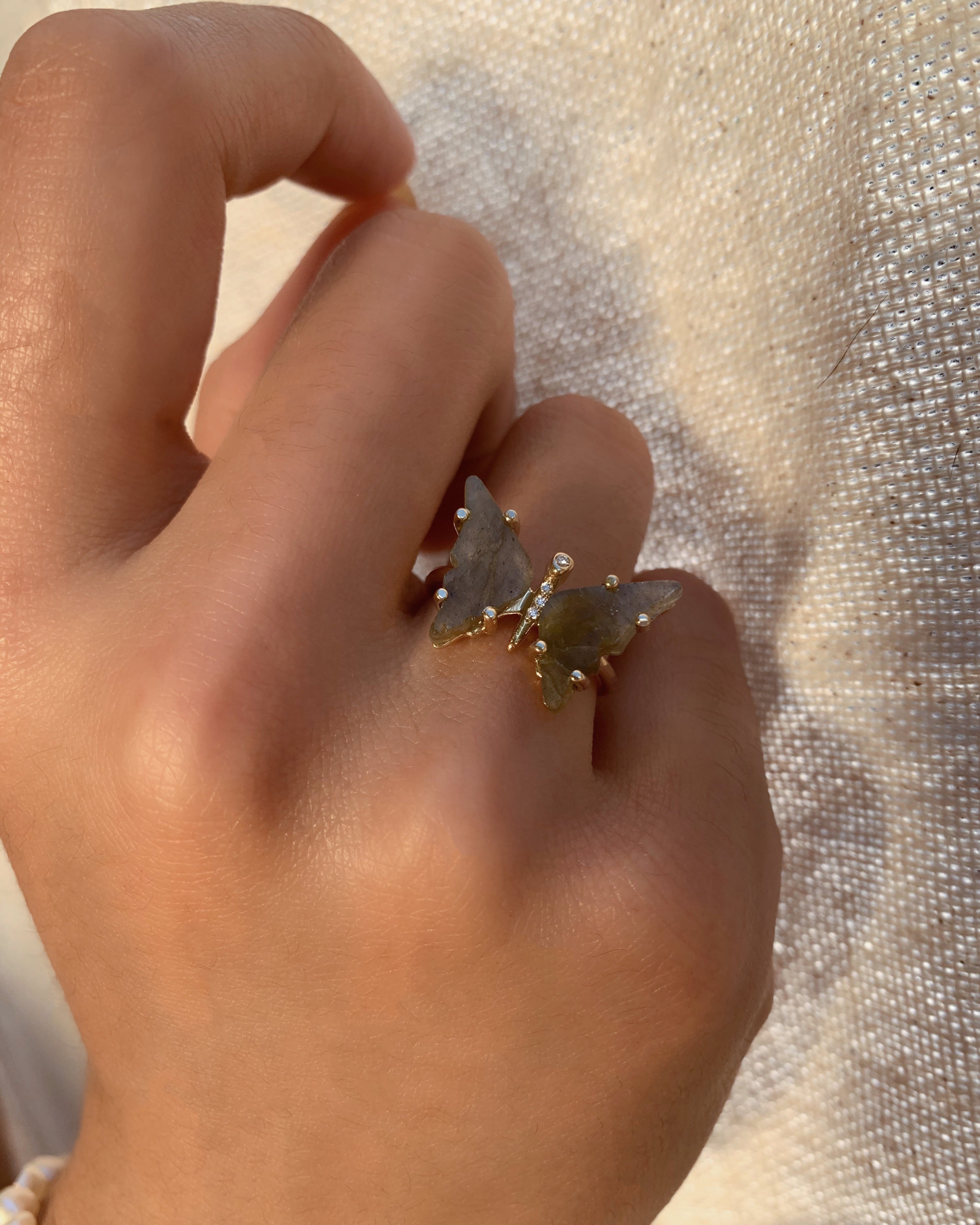 Handmade Gold Labradorite and Diamond Butterfly Ring