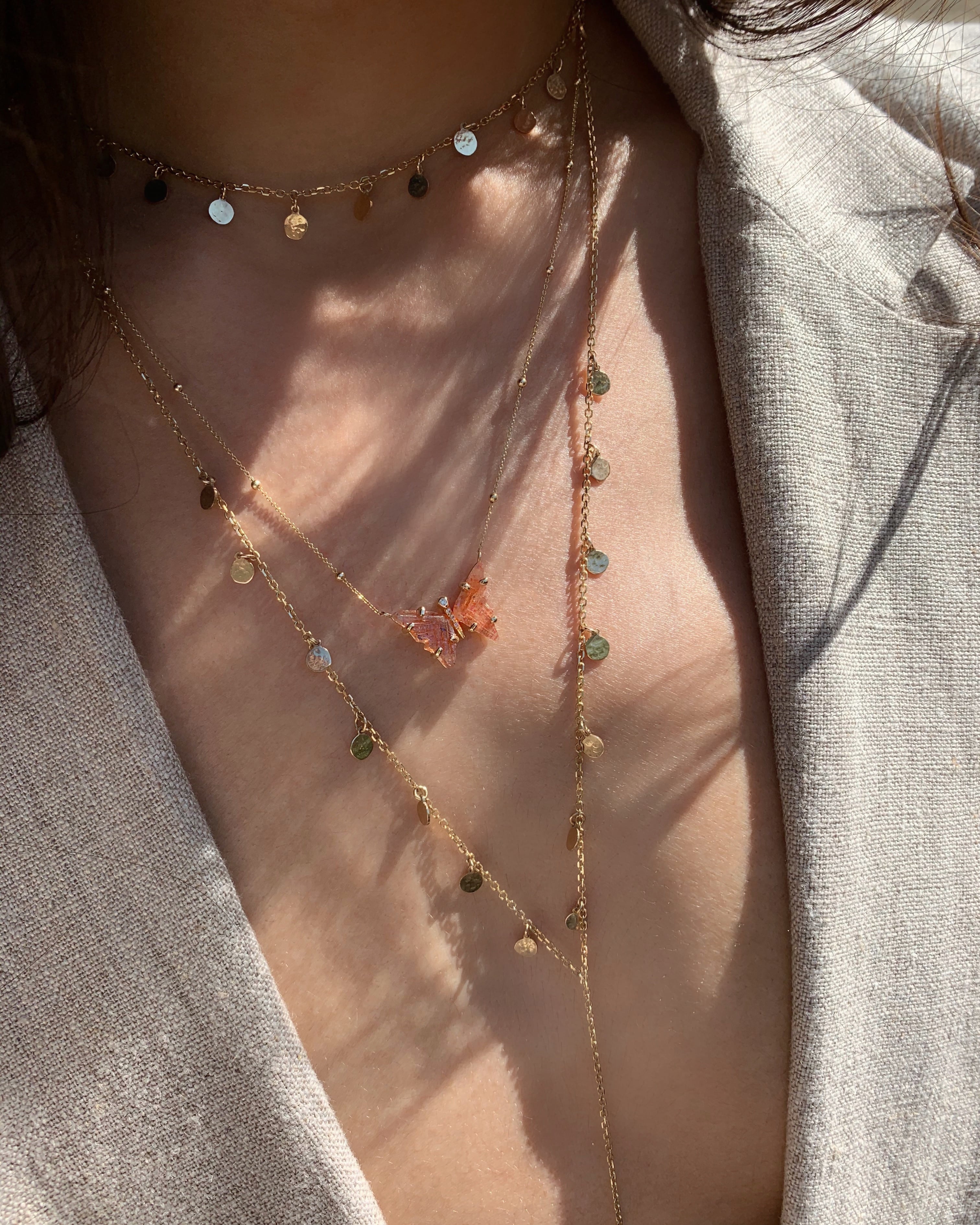 Handmade Gold Sunstone and Diamond Butterfly Necklace