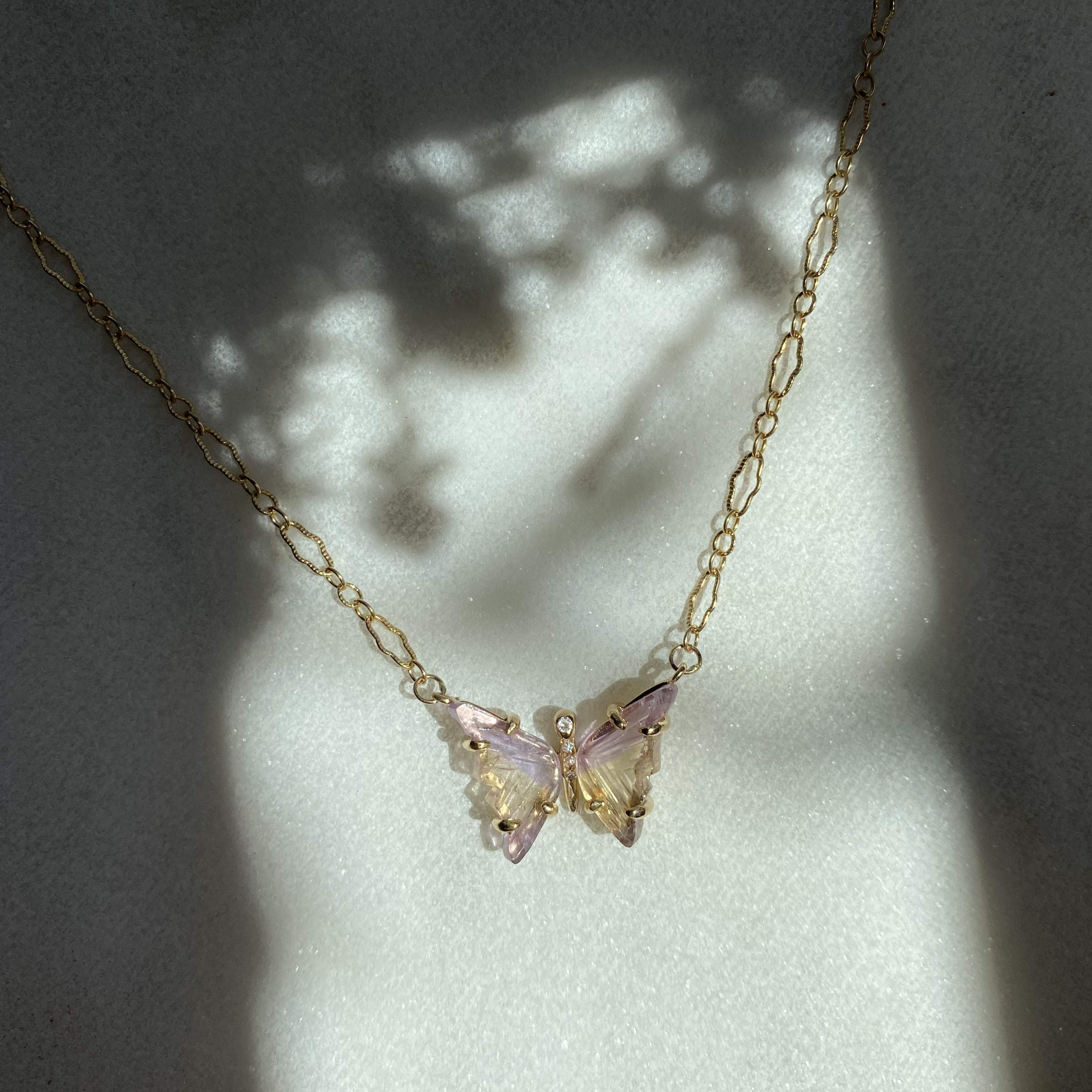 Handmade Gold Ametrine and Diamond Butterfly Necklace