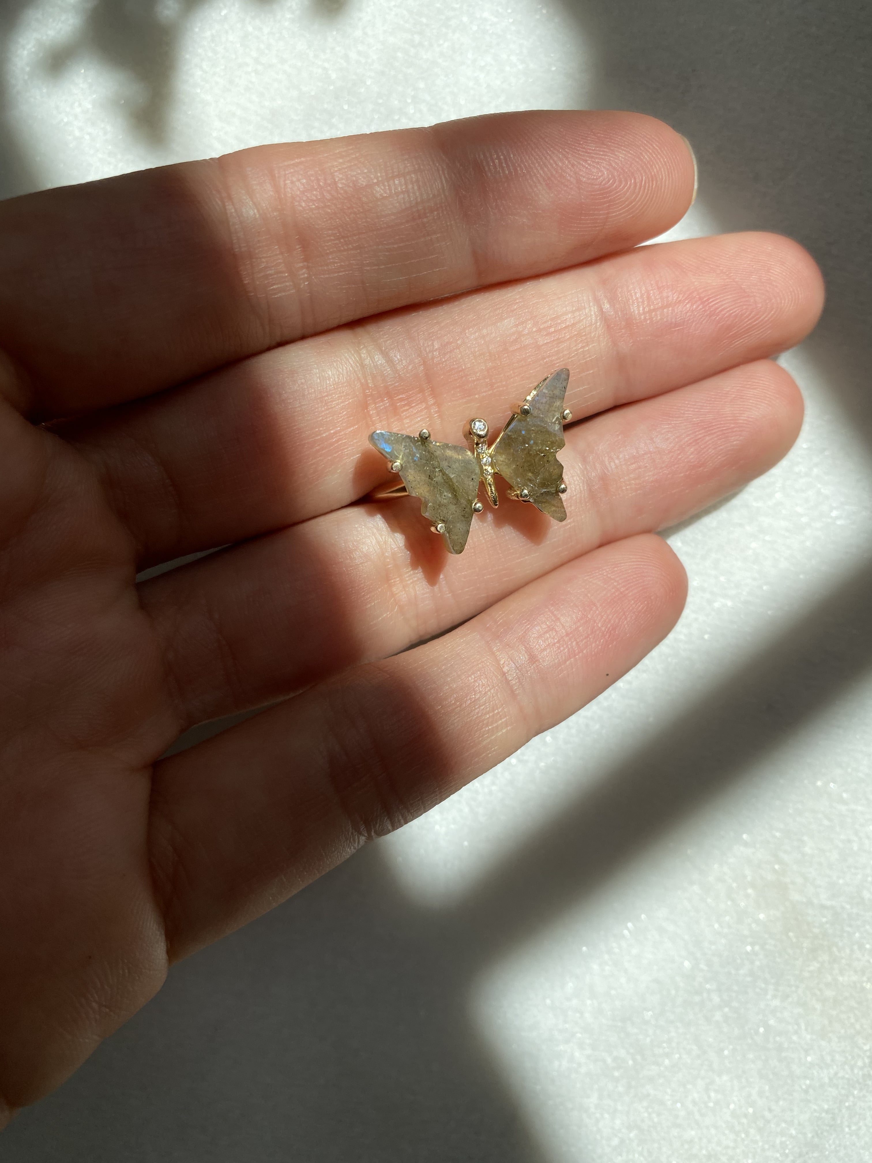 Handmade Gold Labradorite and Diamond Butterfly Ring