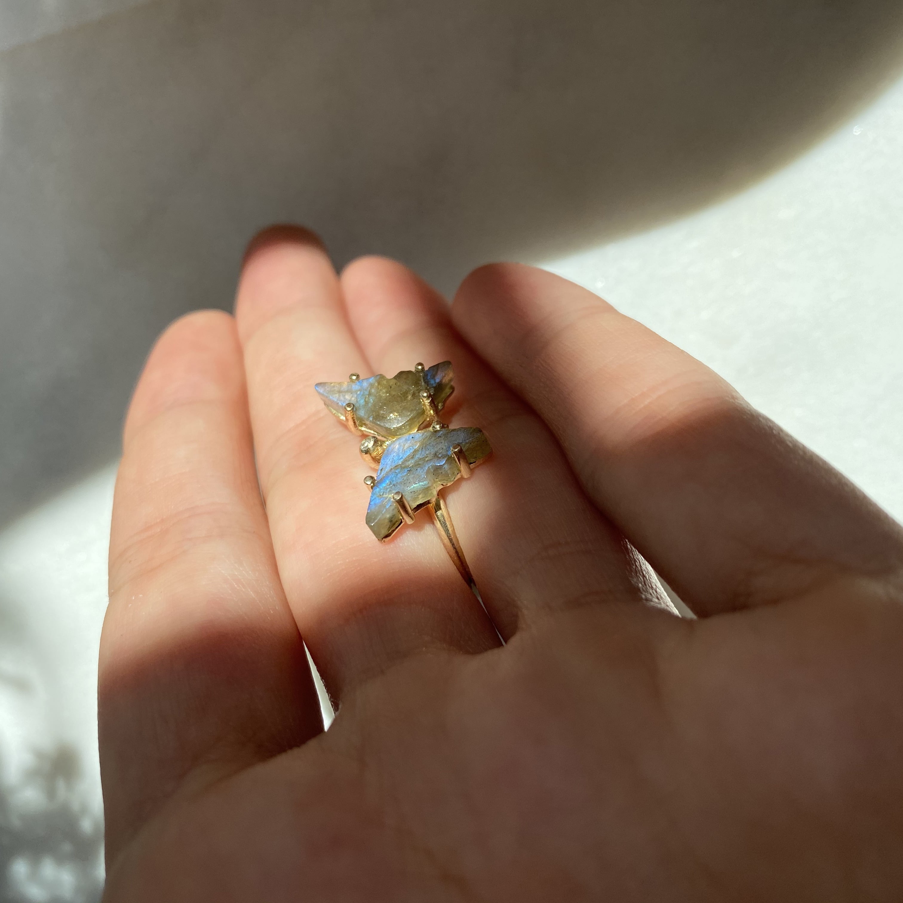 Handmade Gold Labradorite and Diamond Butterfly Ring