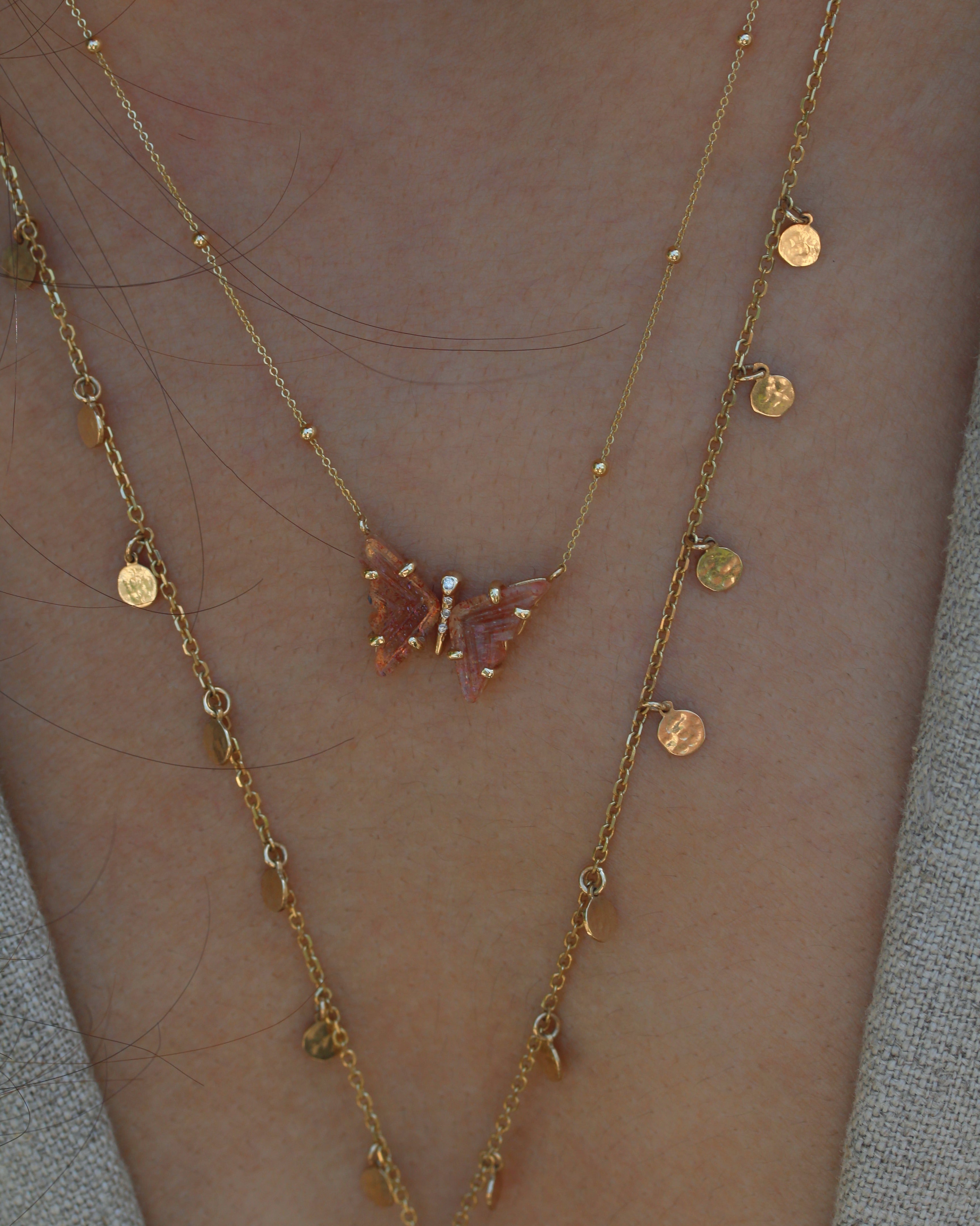 Handmade Gold Sunstone and Diamond Butterfly Necklace