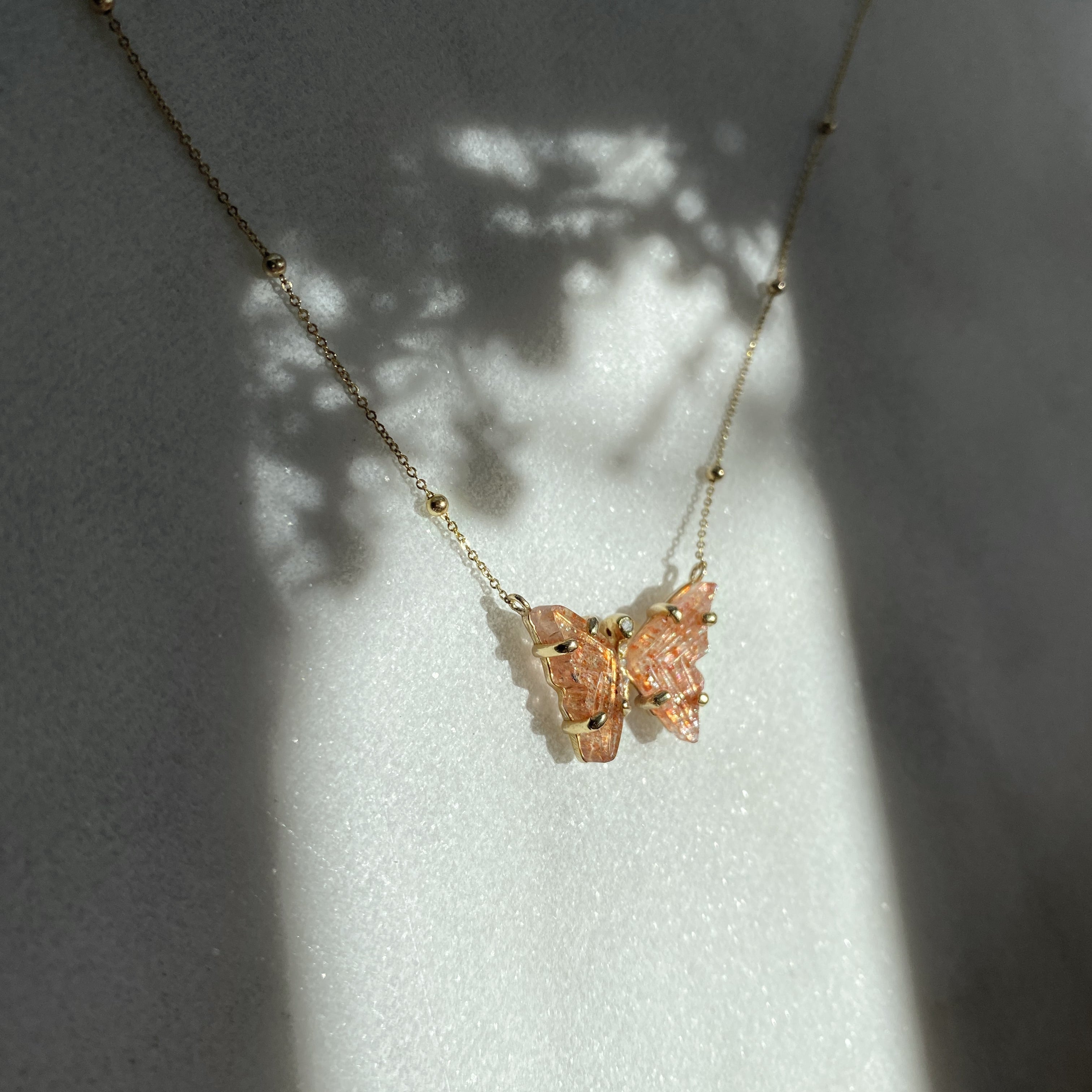 Handmade Gold Sunstone and Diamond Butterfly Necklace