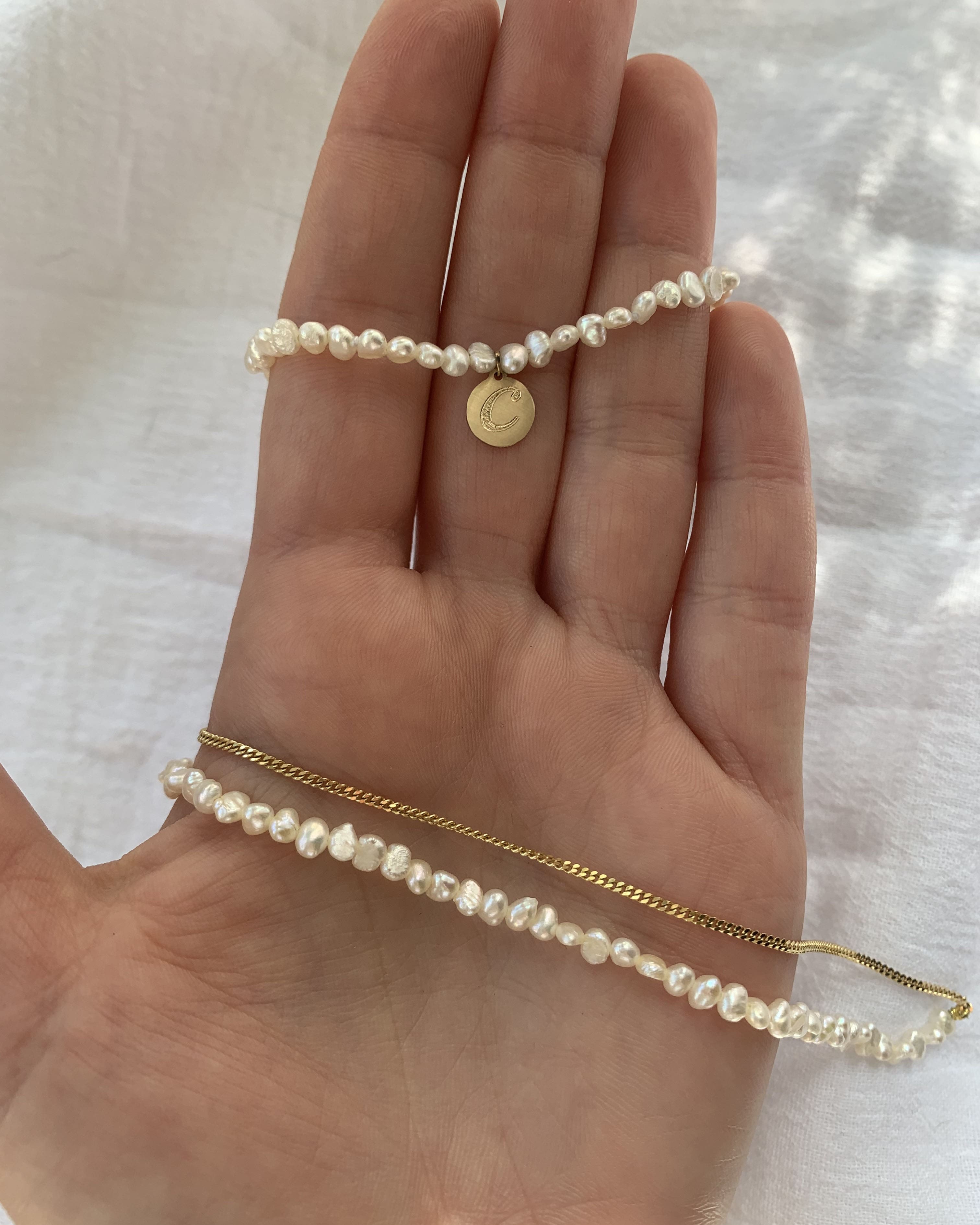 14k Gold Pearl Bracelet with Engravable Coin