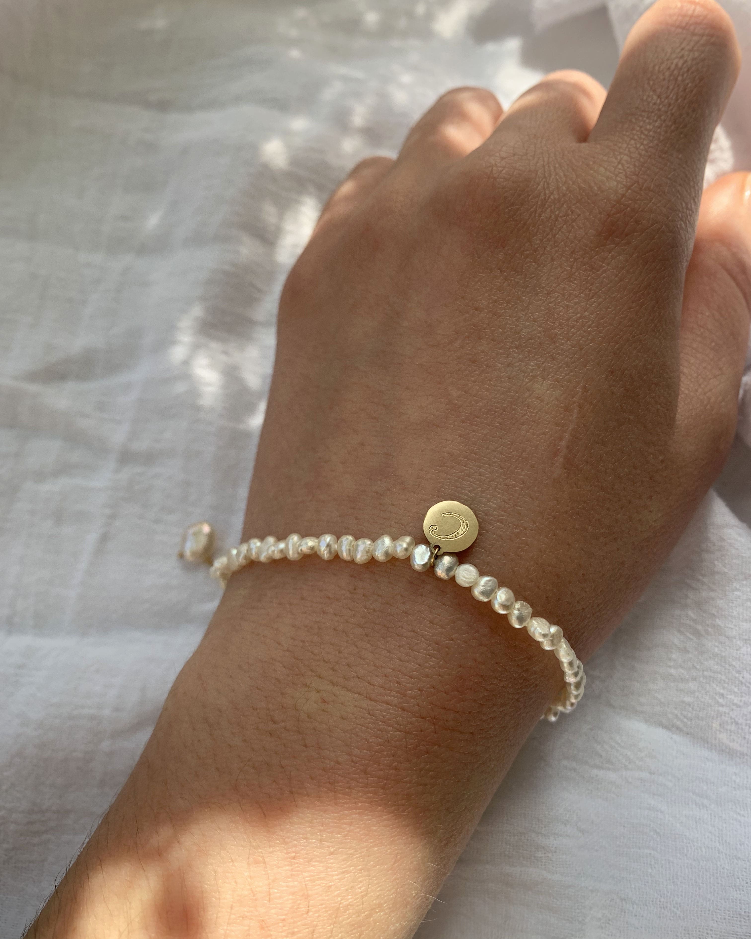 14k Gold Pearl Bracelet with Engravable Coin