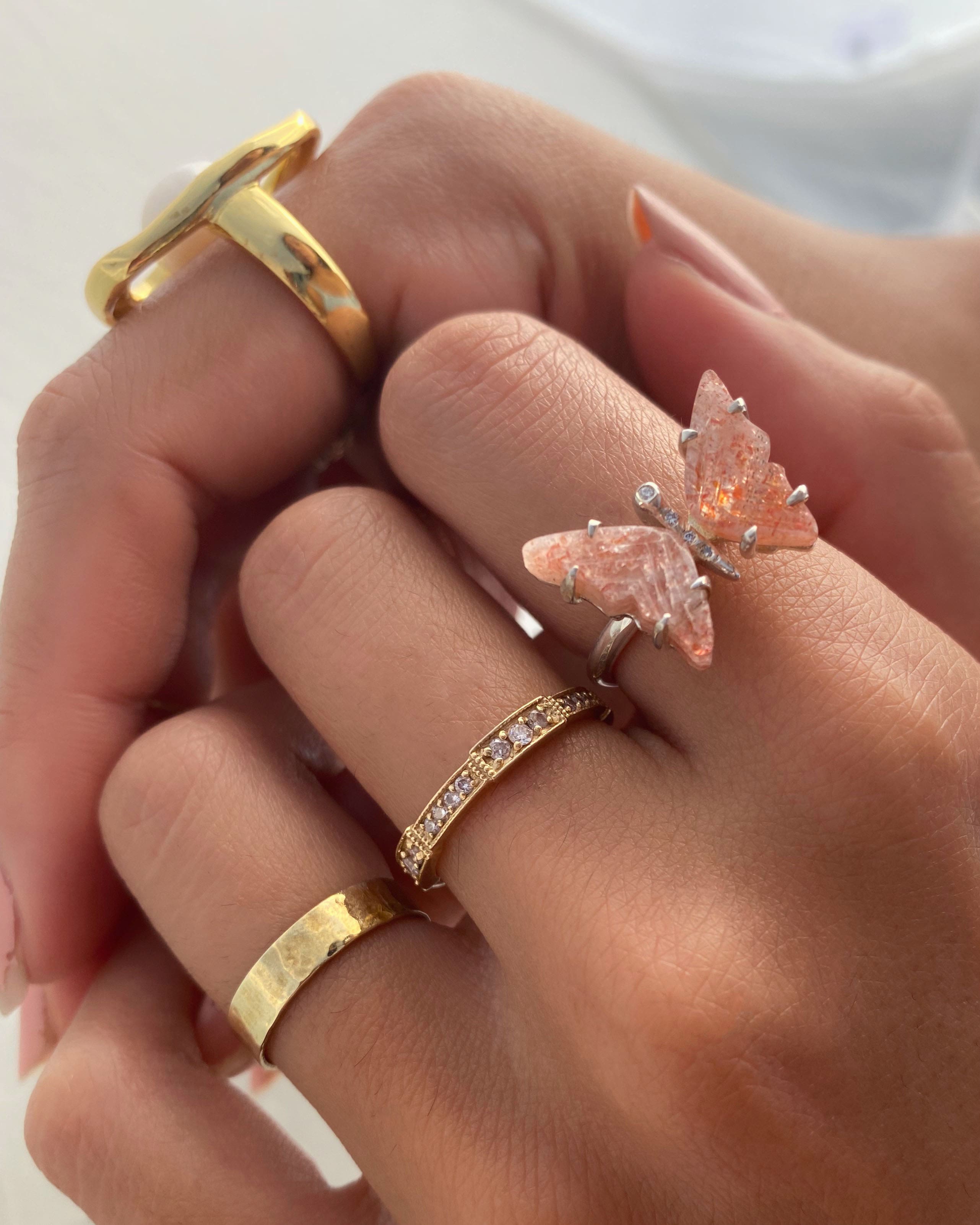Sunstone and Diamond Butterfly Ring