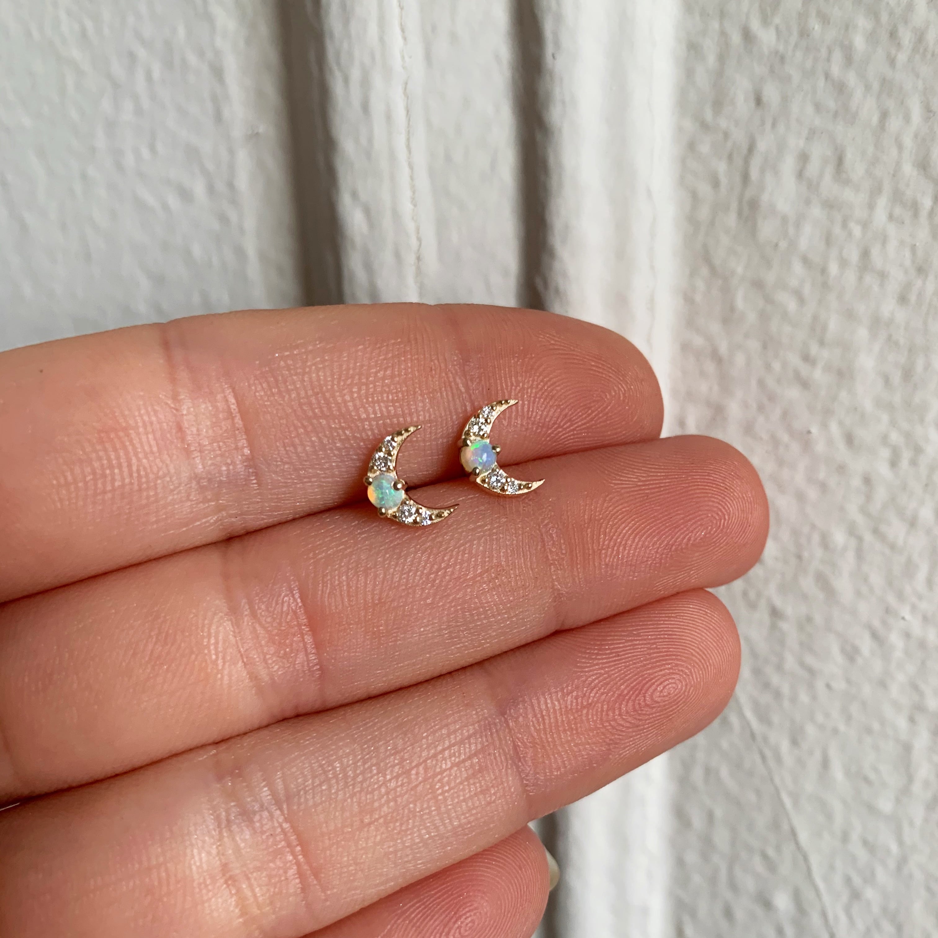 Handmade Moon Opal Diamond Stud Earrings