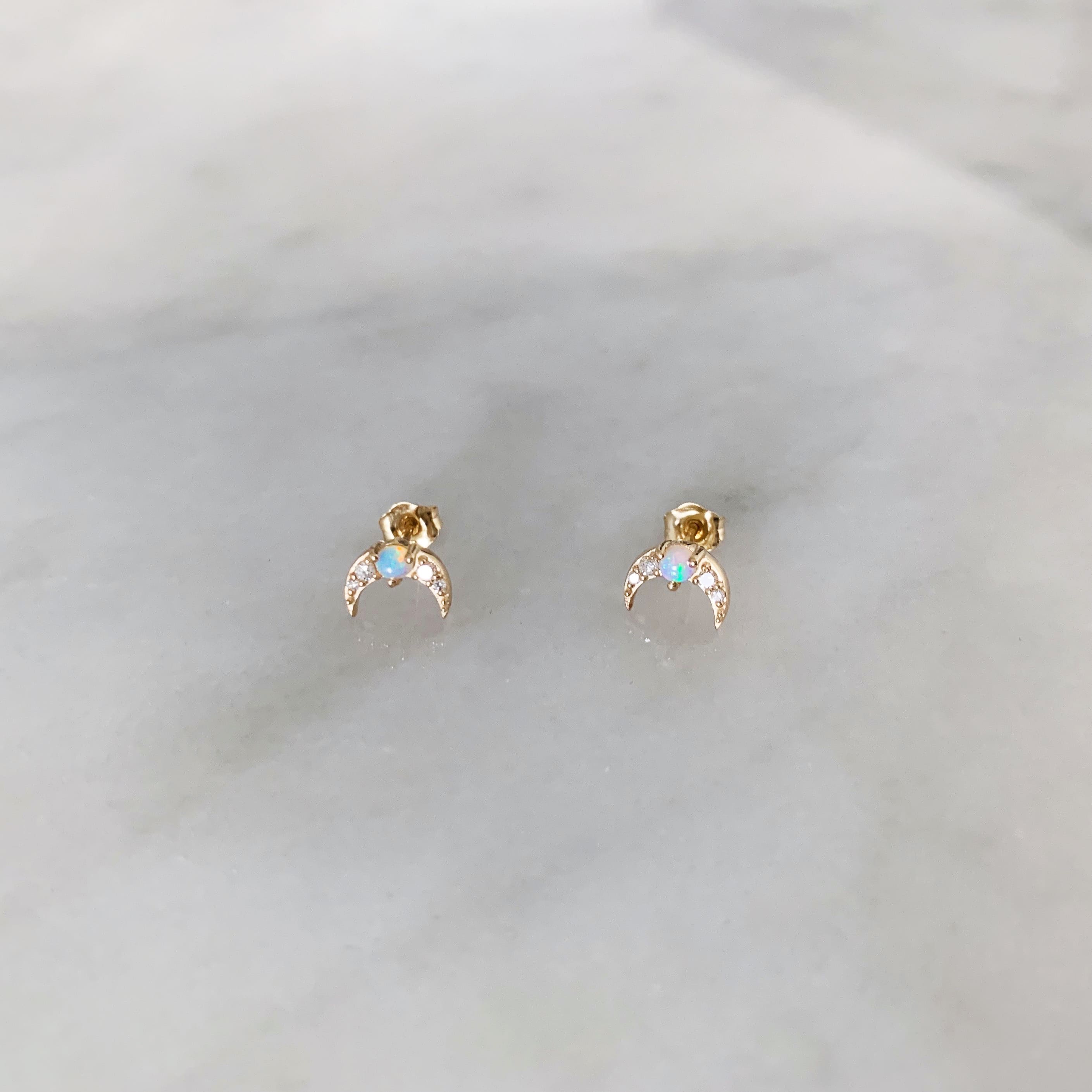 Handmade Moon Opal Diamond Stud Earrings