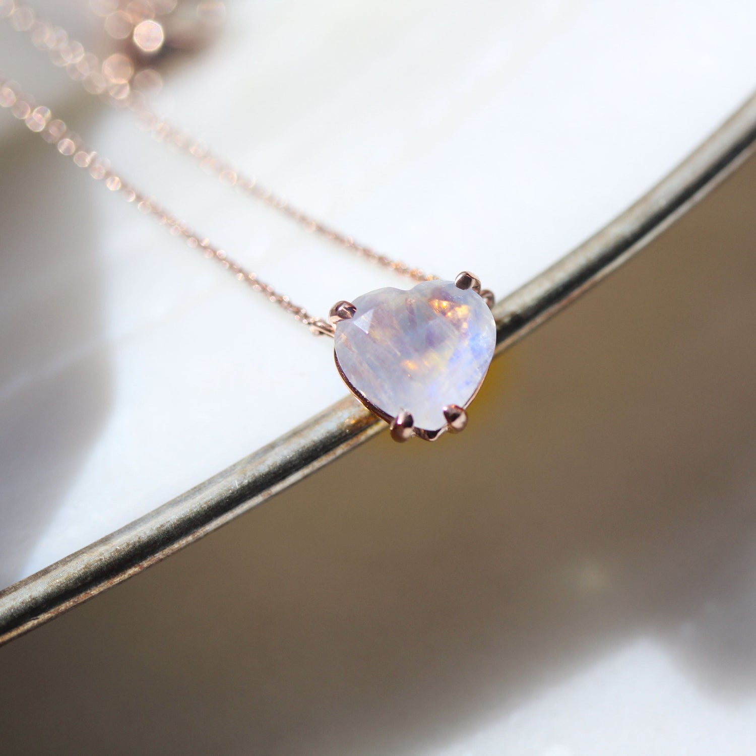 Dainty Solitaire Faceted Heart Moonstone Necklace