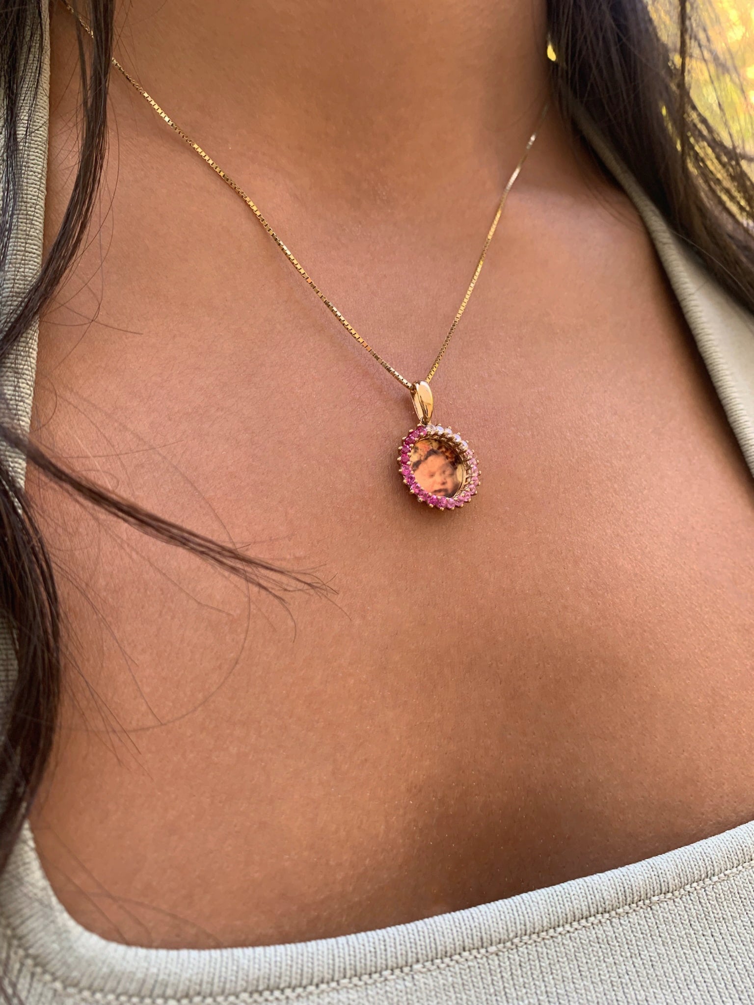 14k Pink Sapphire Ombre Burst Photo Pendant