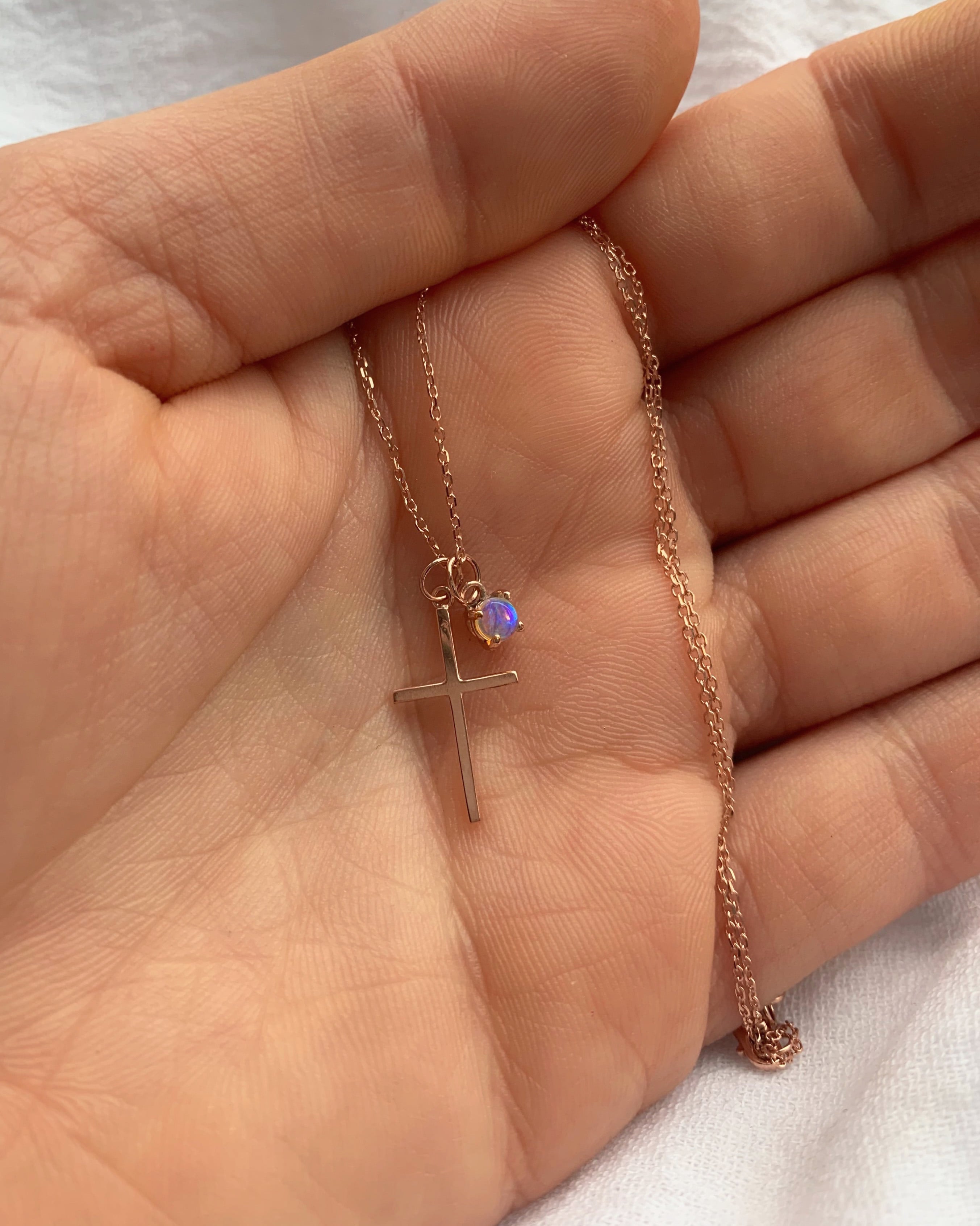 14k Gold Cross and Opal Charm Necklace