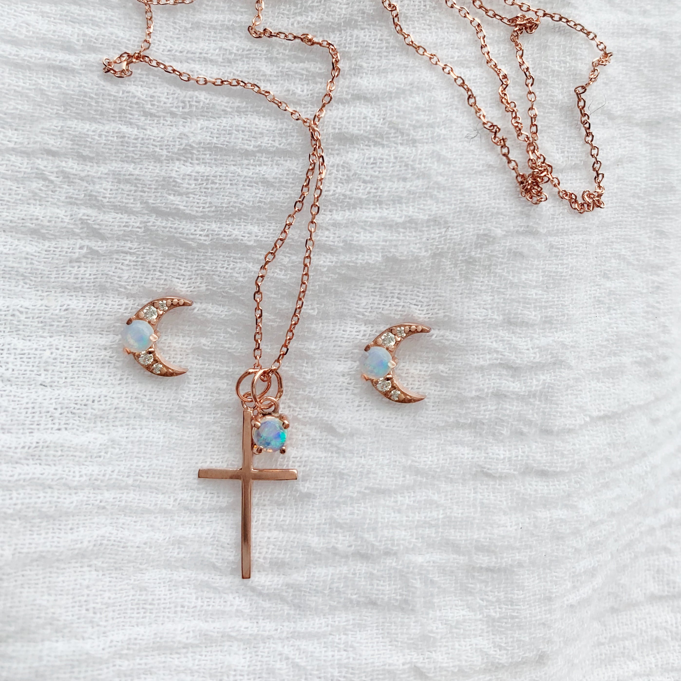 14k Gold Cross and Opal Charm Necklace