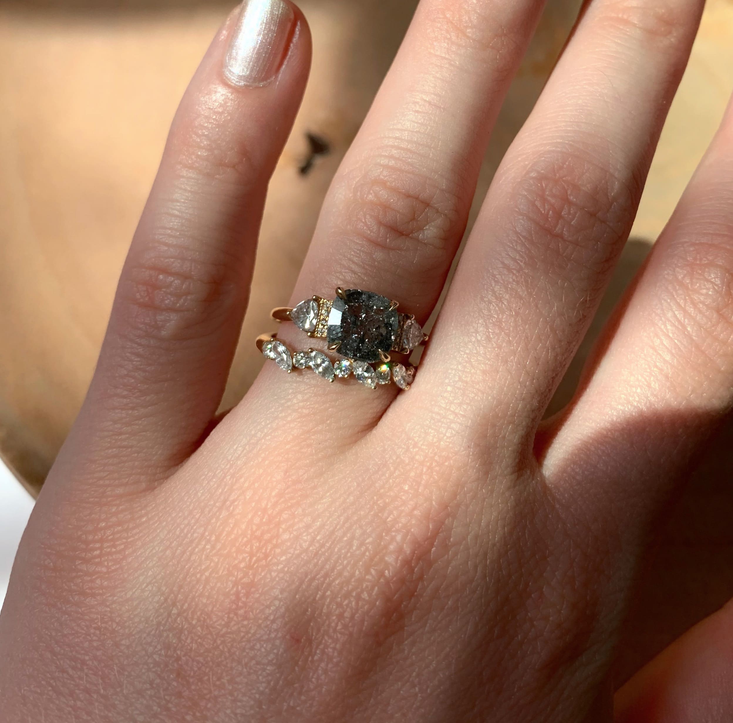 Salt & Pepper Cushion Diamond Custom Engagement Ring