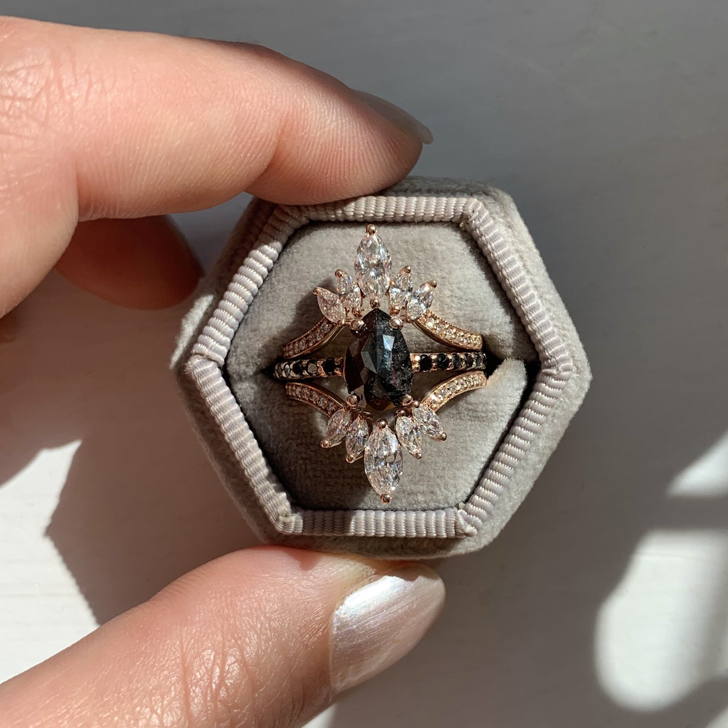 Salt & Pepper Diamond Custom Engagement Ring with Diamond Jacket