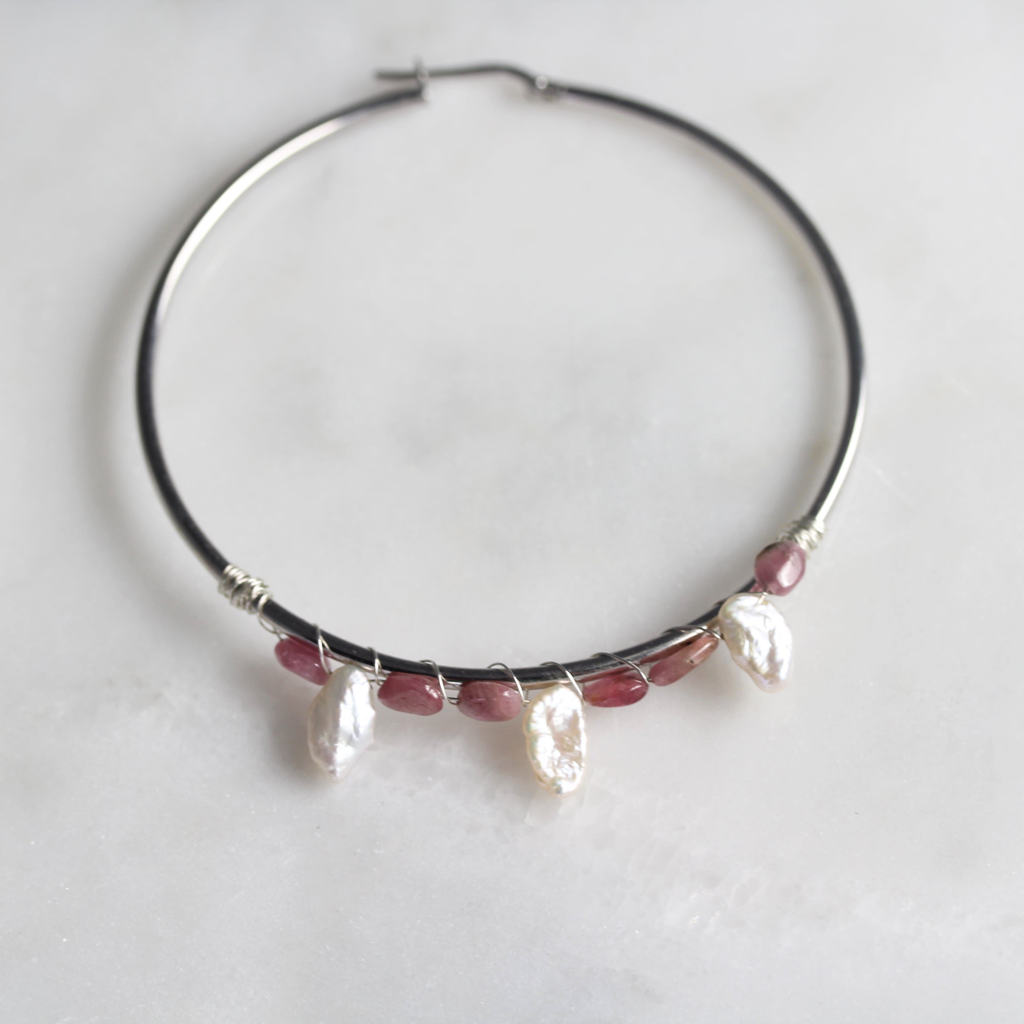 Pink Tourmaline and Pearl Shaker Hoops