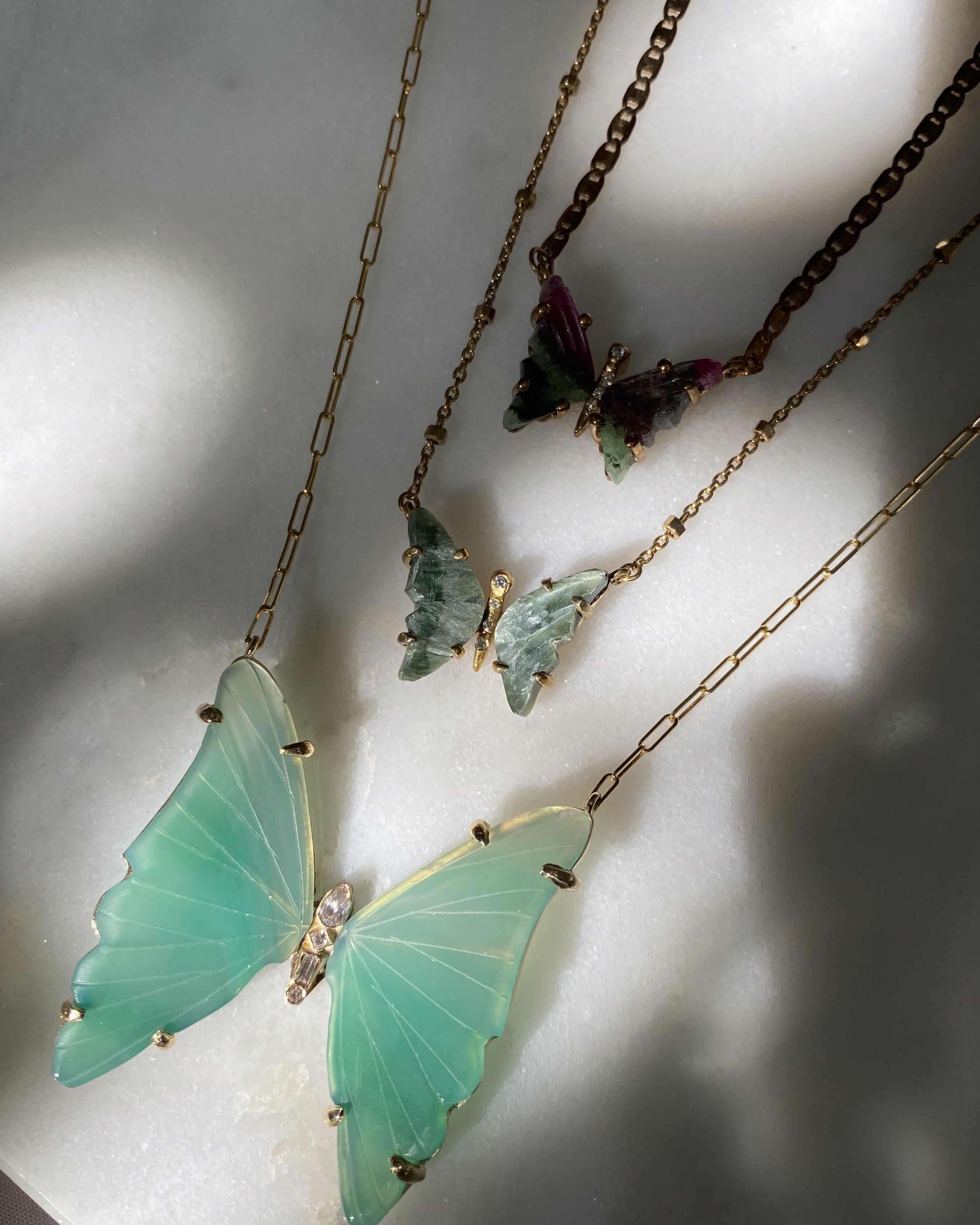 Green Seraphinite and Diamond Butterfly Necklace