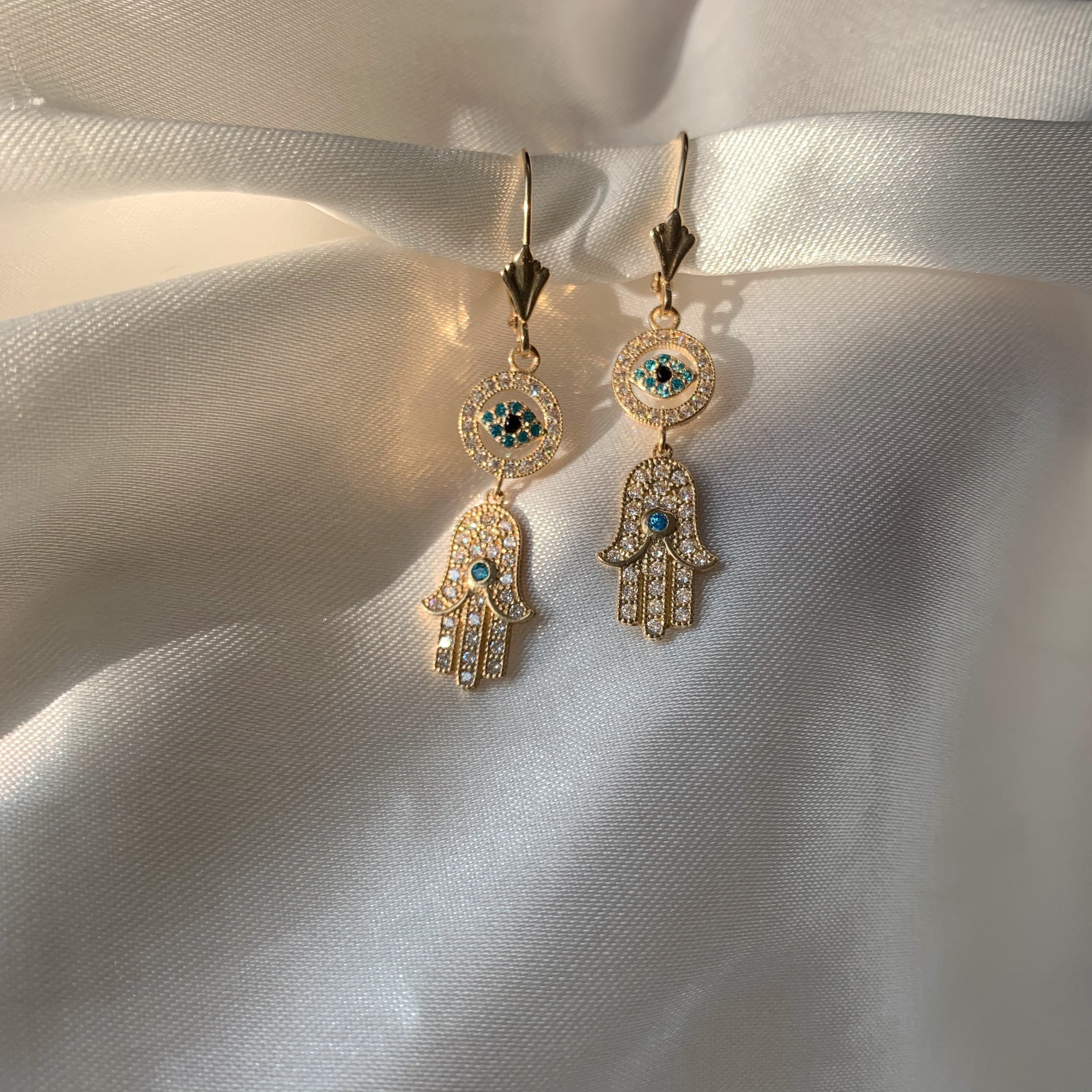 Hamsa Evil Eye Earrings with Blue Gemstones