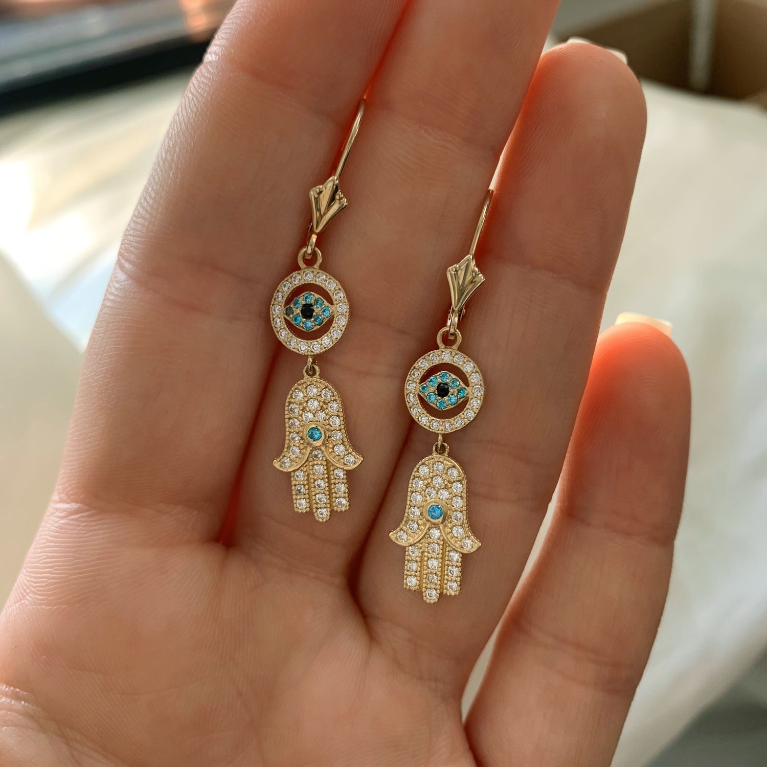 Hamsa Evil Eye Earrings with Blue Gemstones