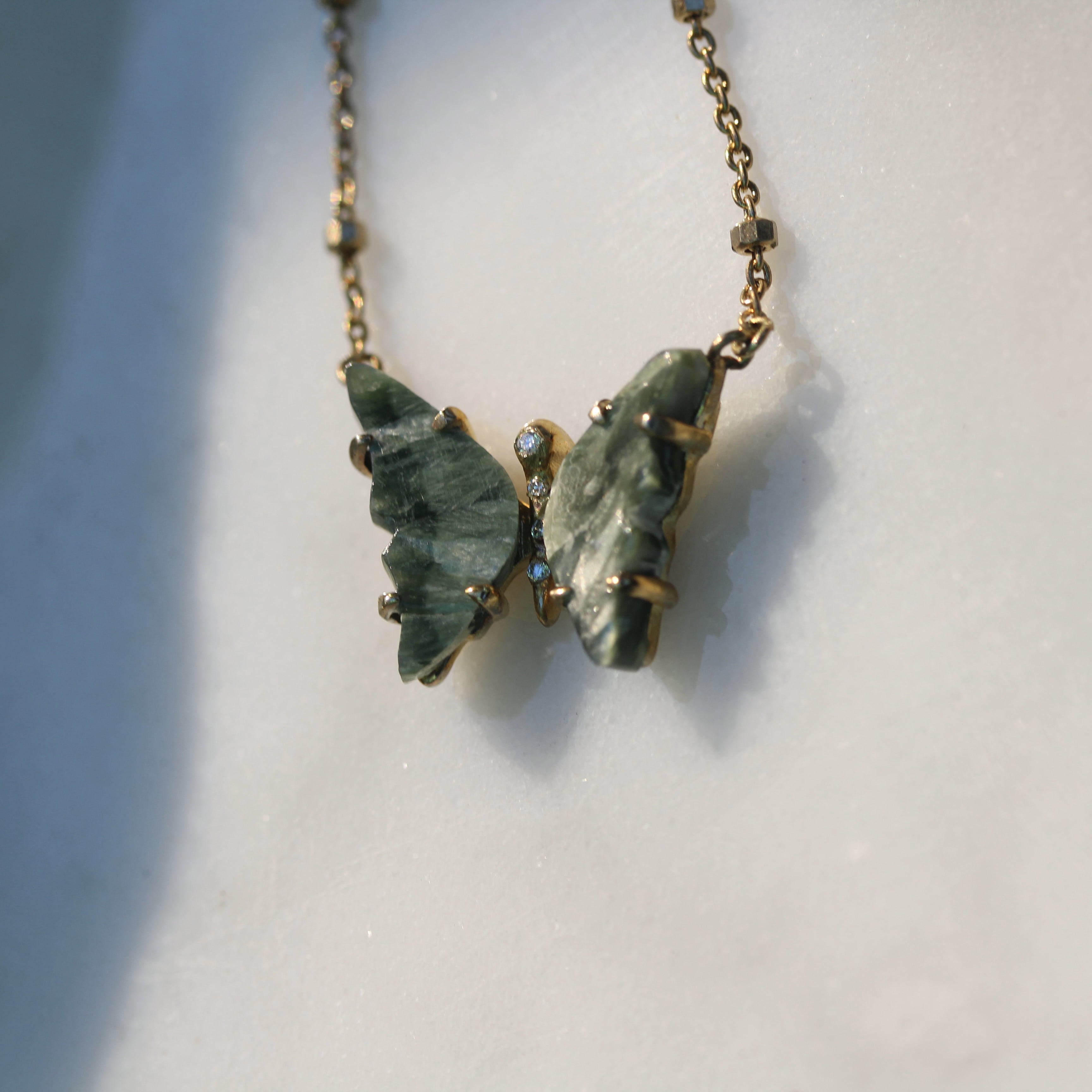 Green Seraphinite and Diamond Butterfly Necklace