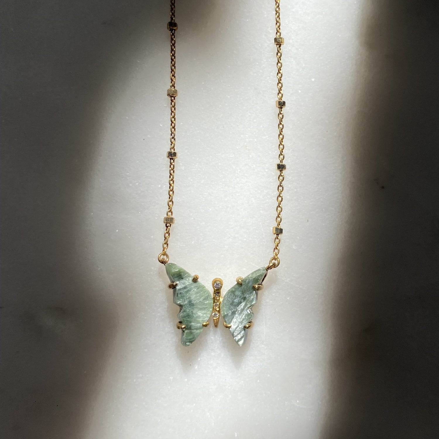 Green Seraphinite and Diamond Butterfly Necklace