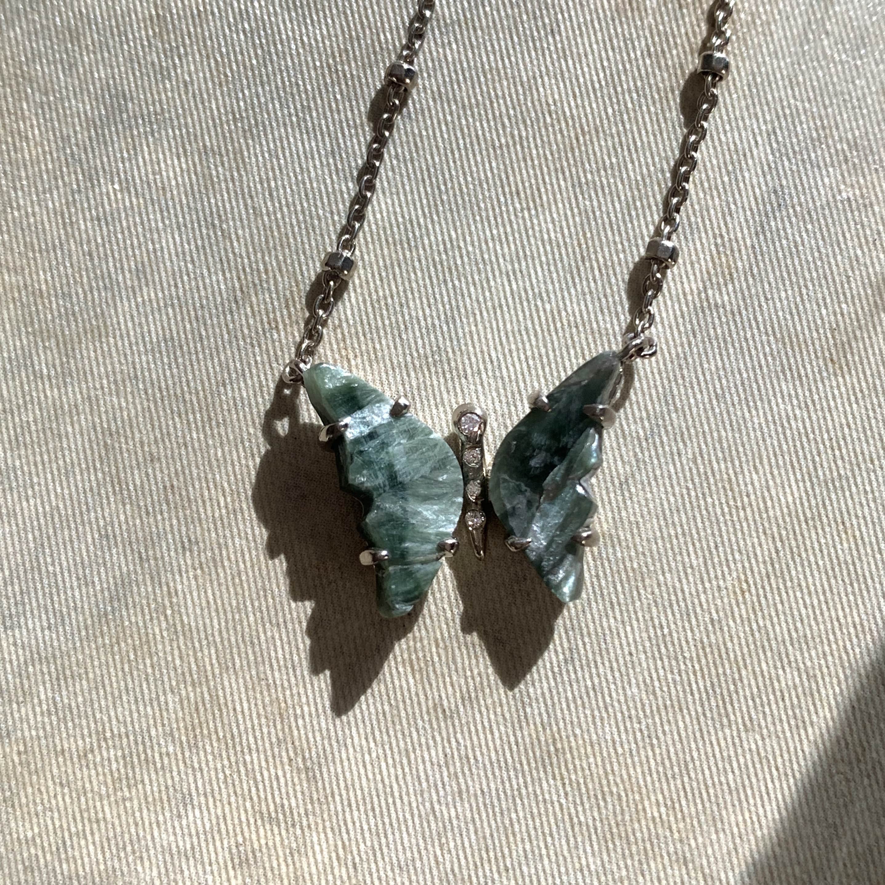 Green Seraphinite and Diamond Butterfly Necklace