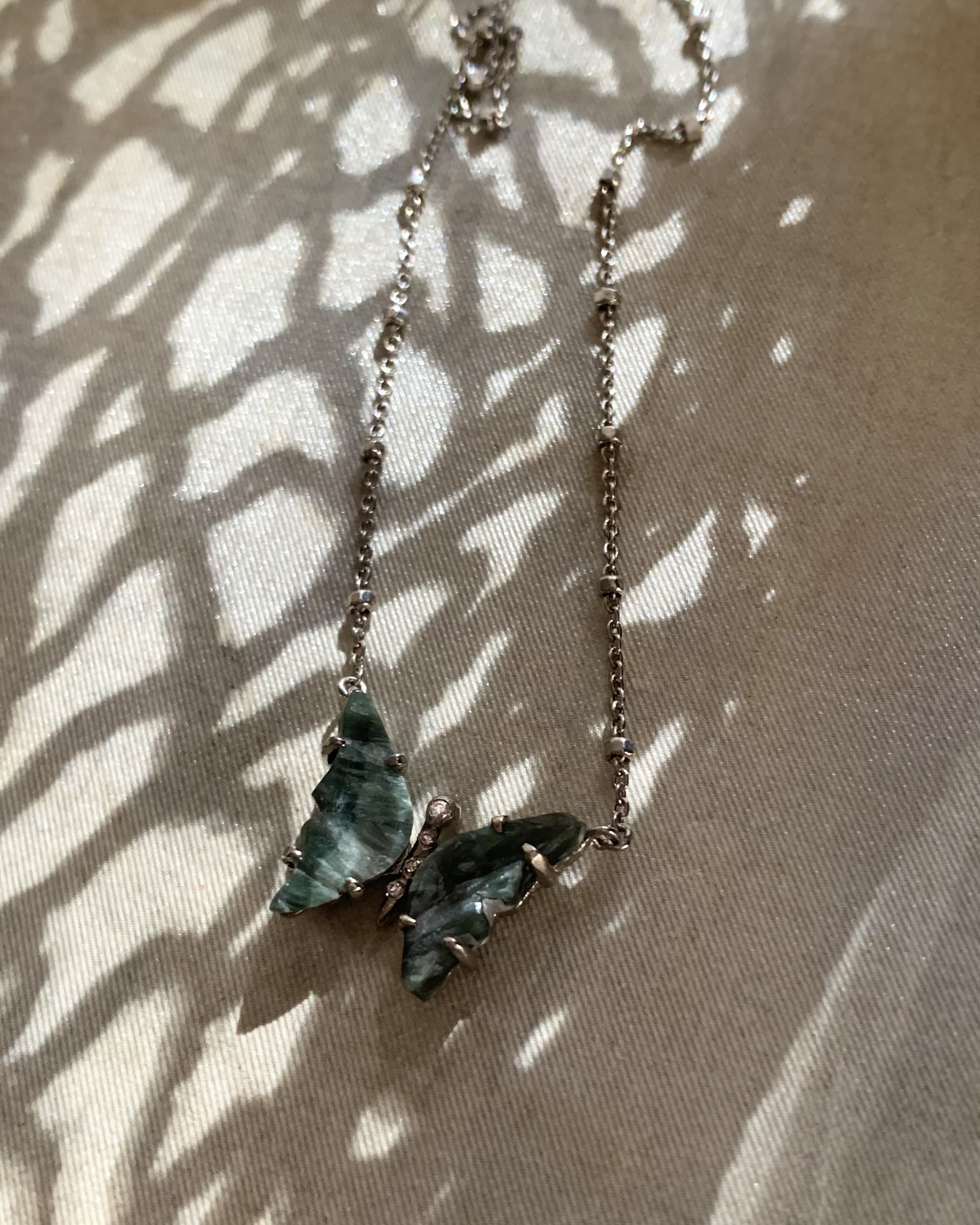 Green Seraphinite and Diamond Butterfly Necklace