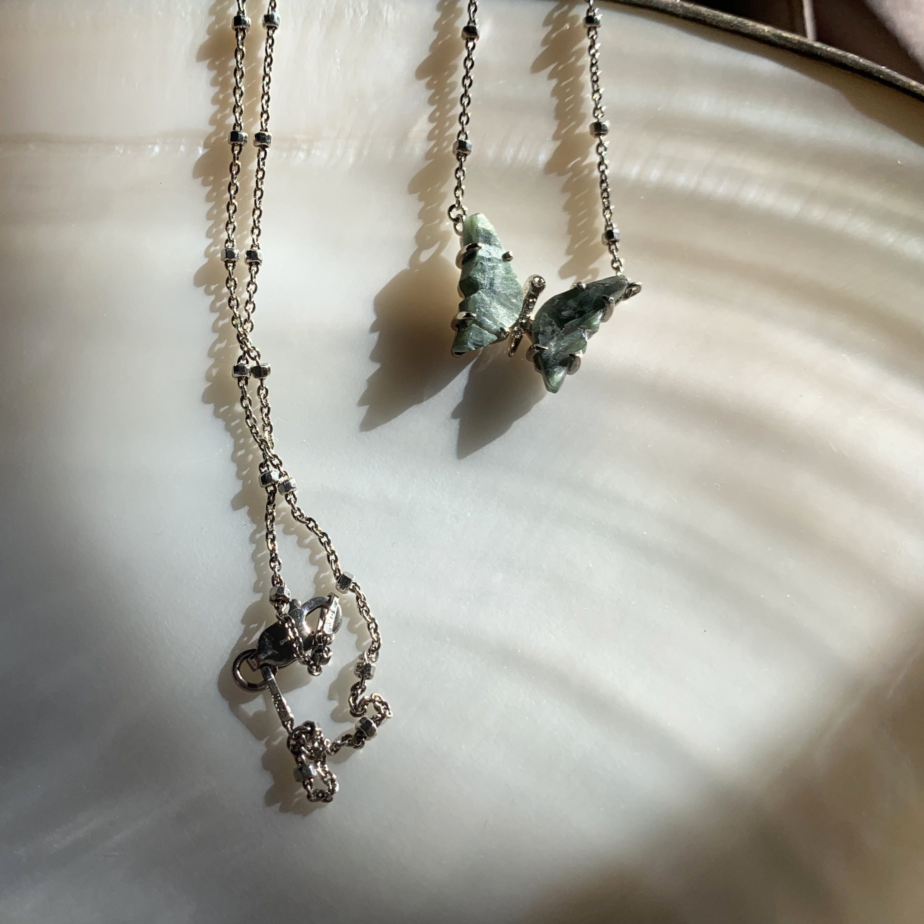 Green Seraphinite and Diamond Butterfly Necklace