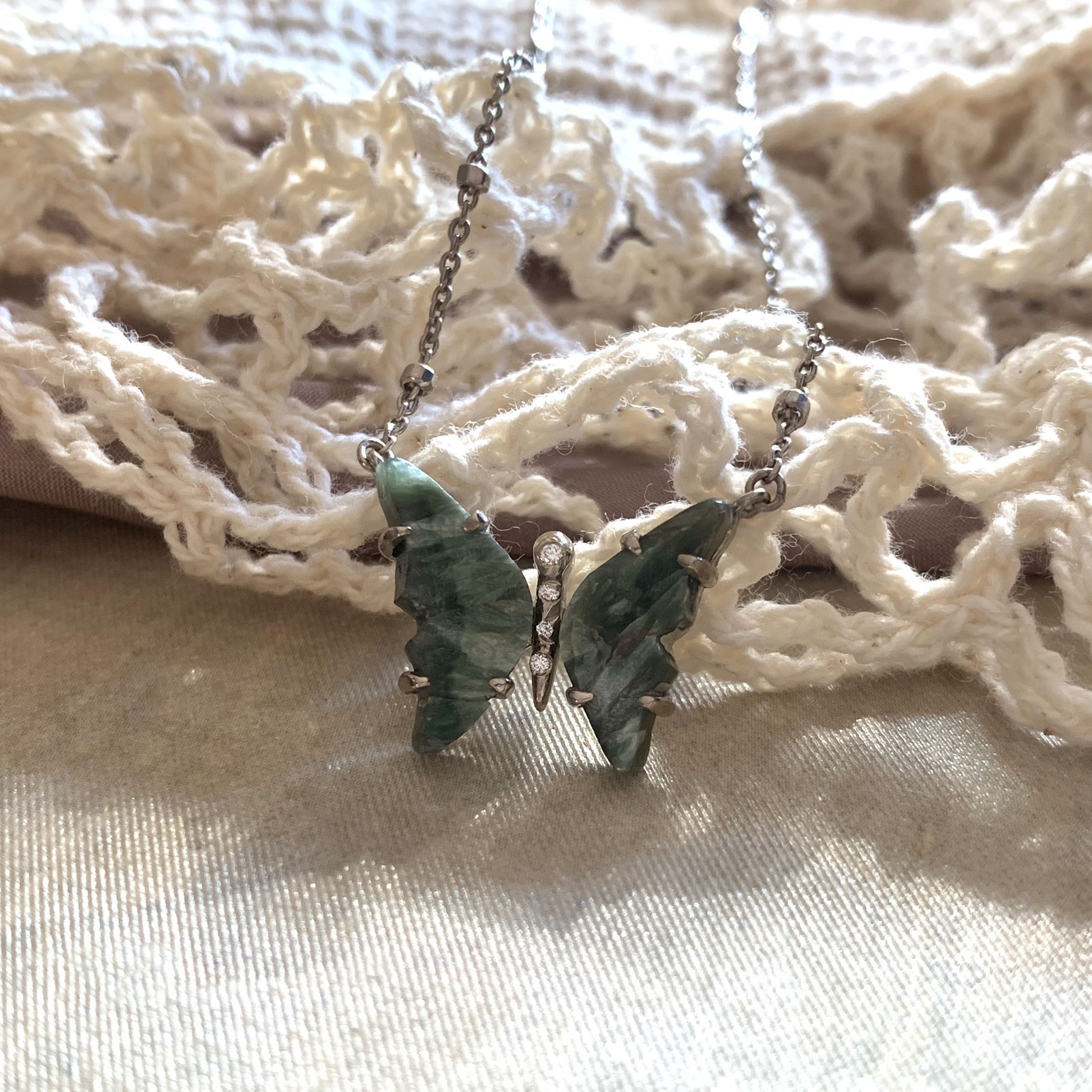 Green Seraphinite and Diamond Butterfly Necklace