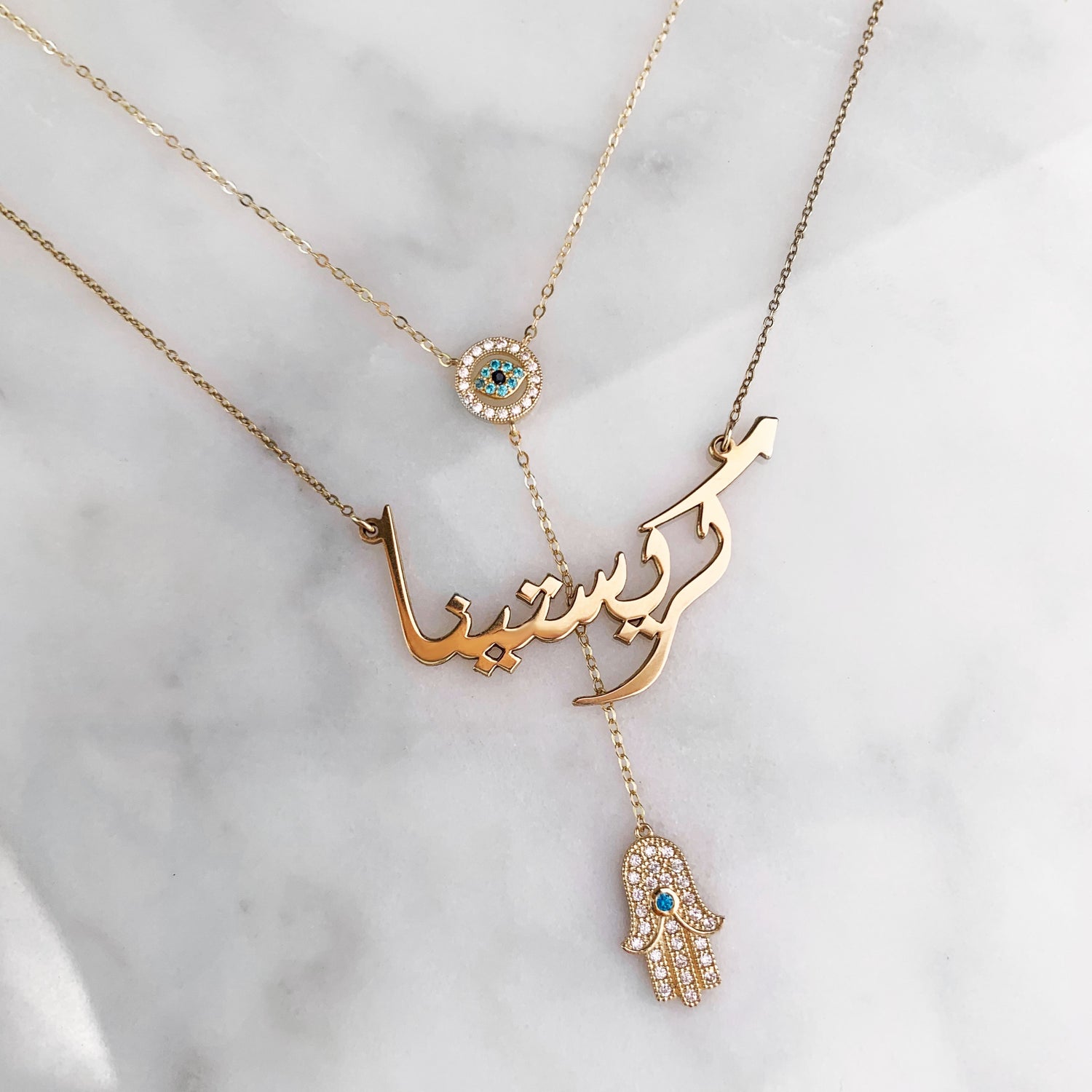 Fatima Lariat Necklace with Blue Gemstones