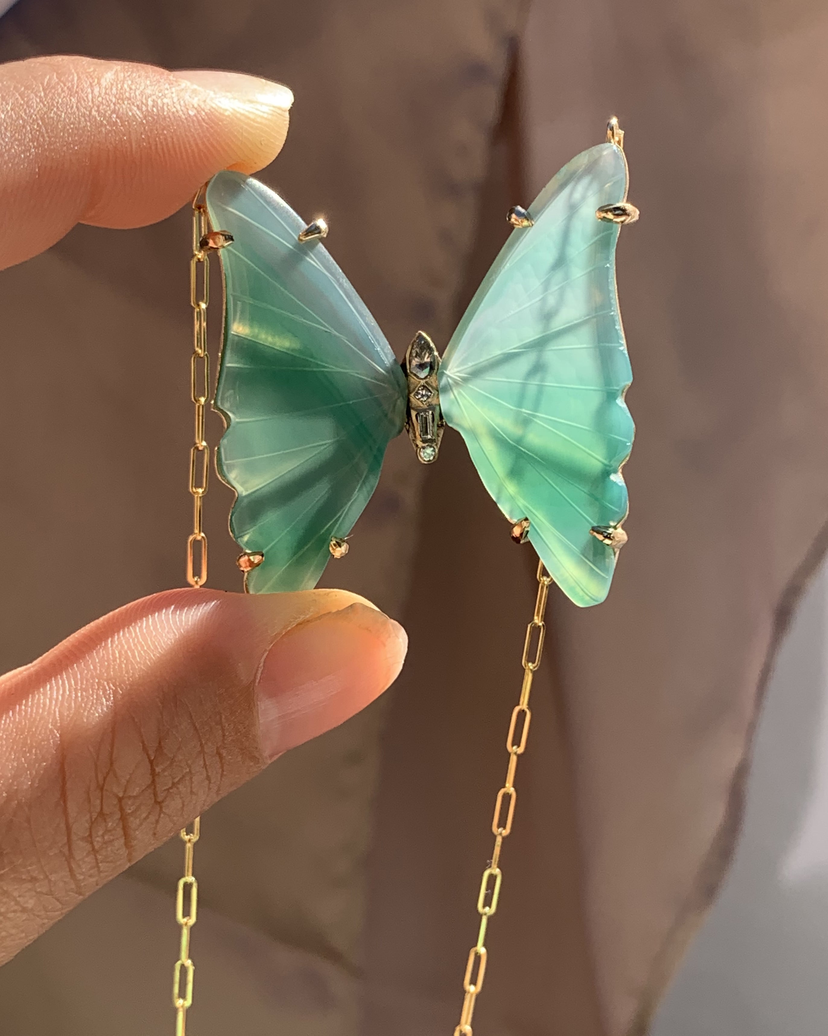 14k Gold Green Tourmaline Butterfly Necklace