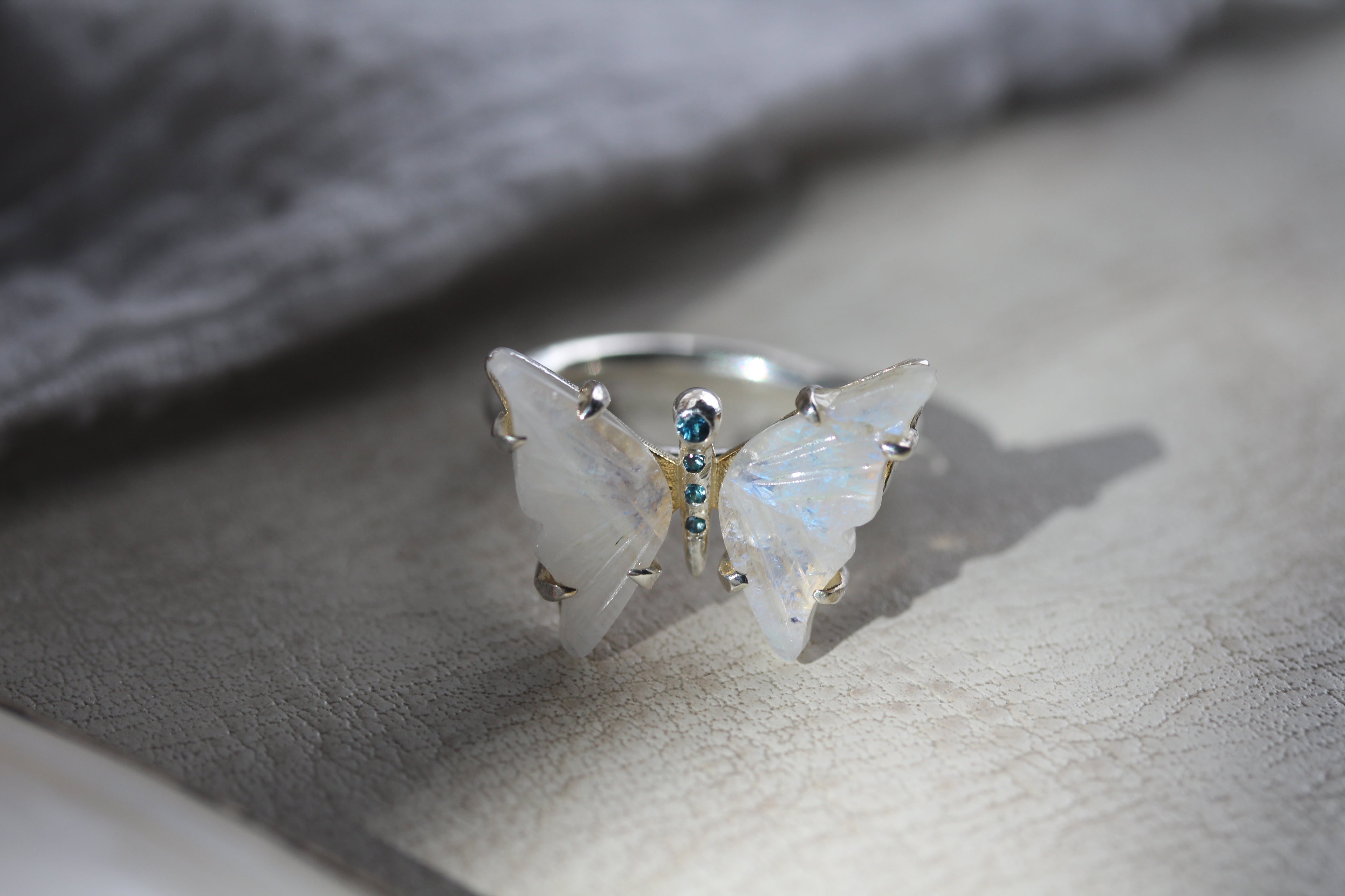 Moonstone and Sapphire/Topaz Butterfly Ring