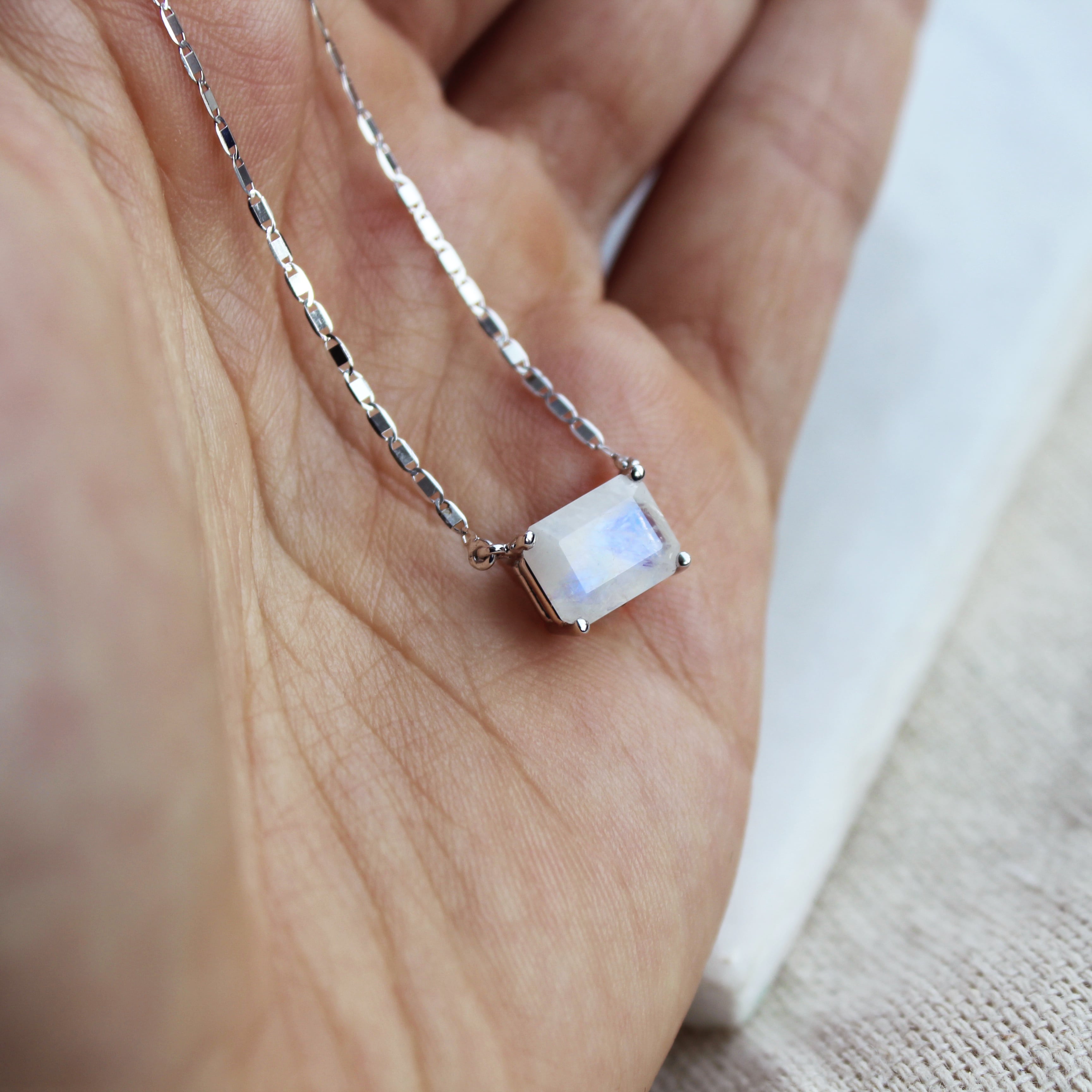 Solitaire Emerald Cut Moonstone Necklace