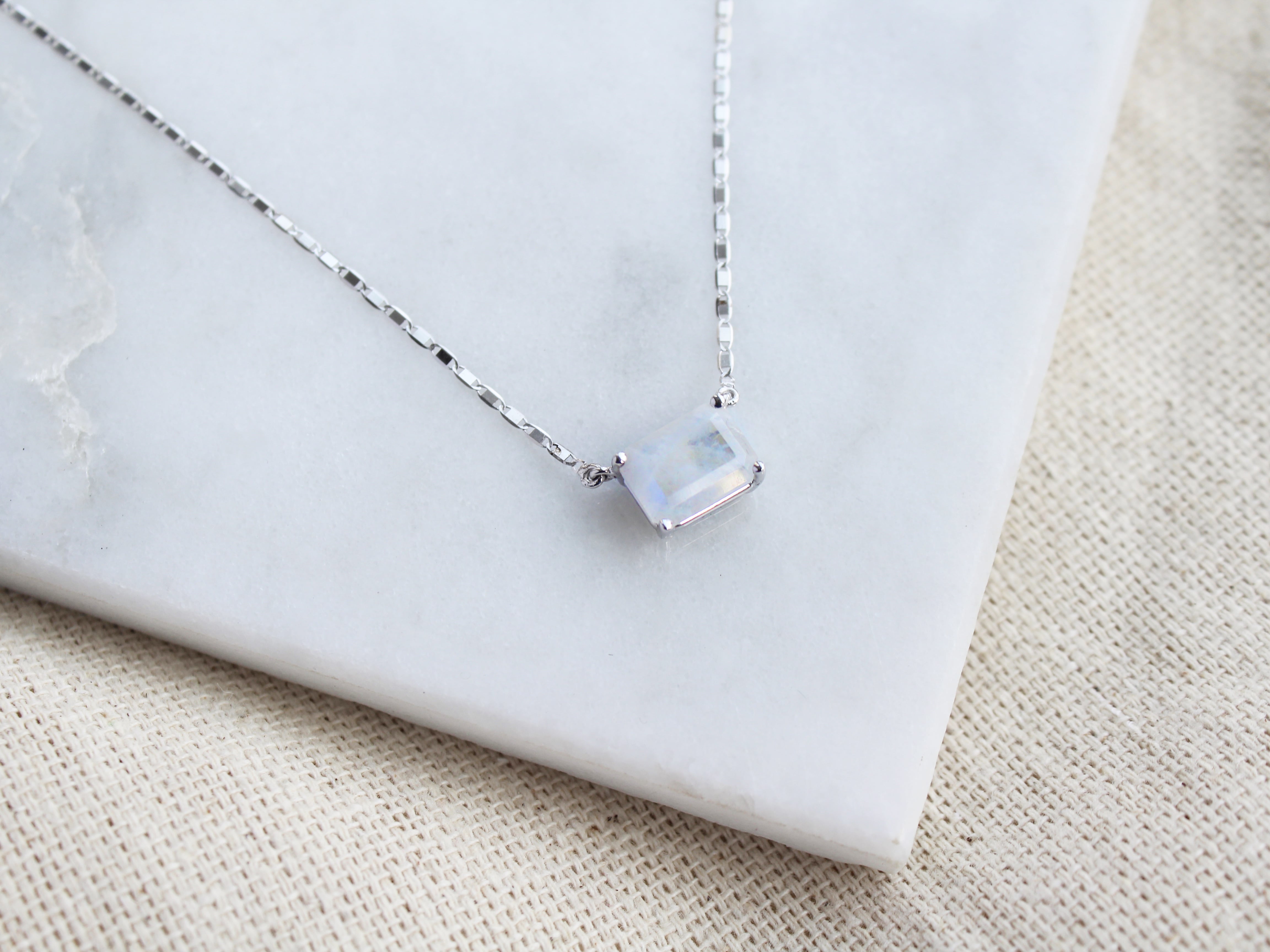 Solitaire Emerald Cut Moonstone Necklace